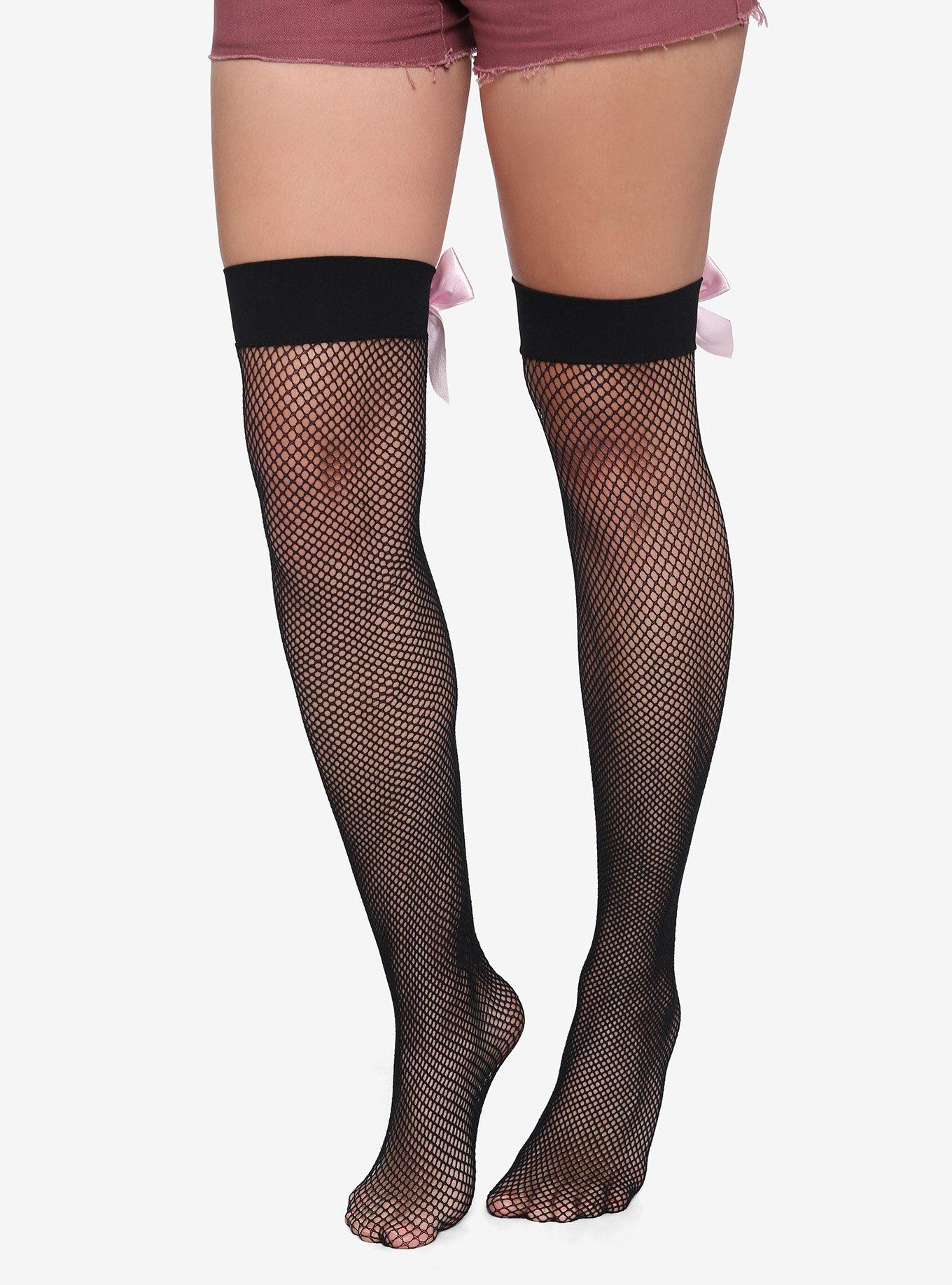 Black Fishnet & Pink Bow Thigh Highs, , alternate