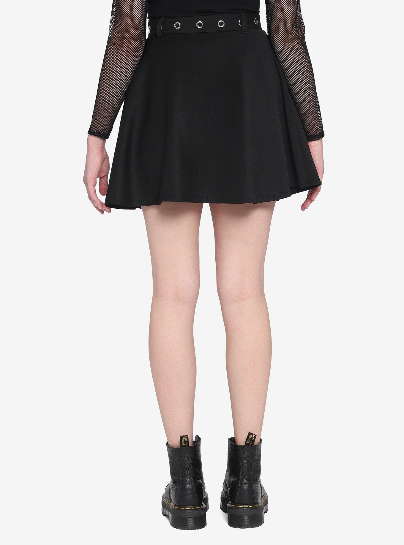 Black Skater Skirt With Grommet Belt, BLACK, alternate