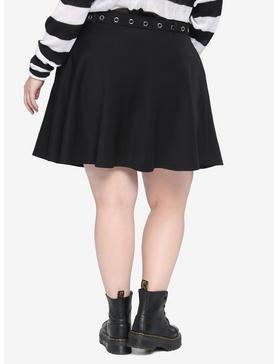 Black Skater Skirt With Grommet Belt Plus Size, , hi-res