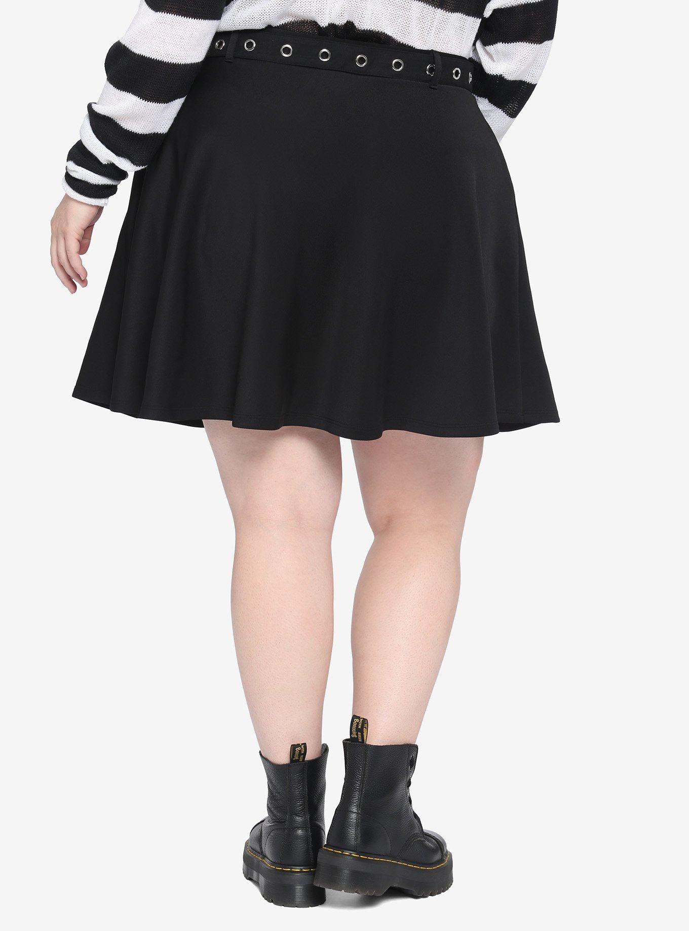 Black Skater Skirt With Grommet Belt Plus Size, BLACK, alternate