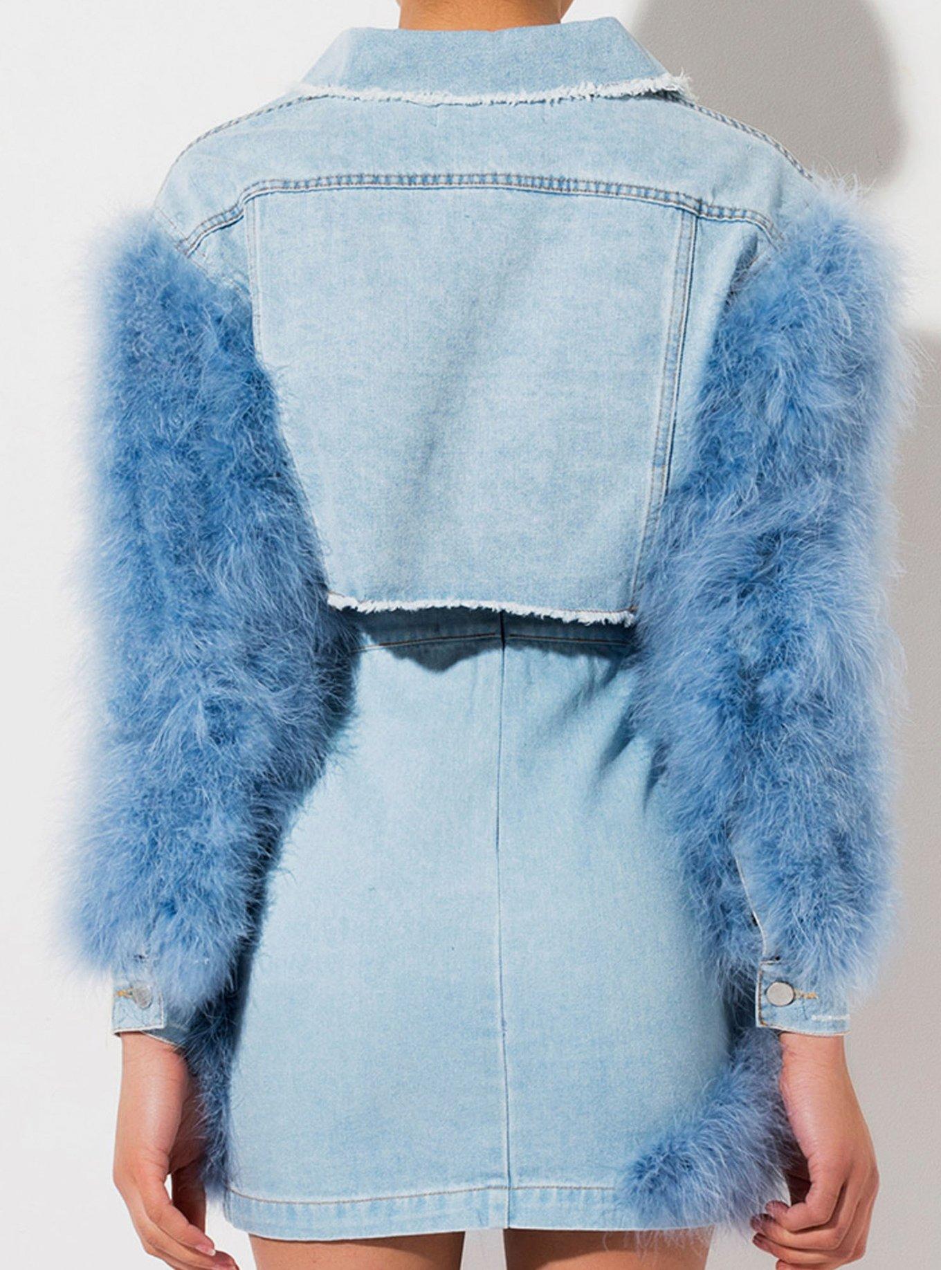Azalea Wang Angel Baby Ostrich Feather Denim Jacket, BLUE, alternate