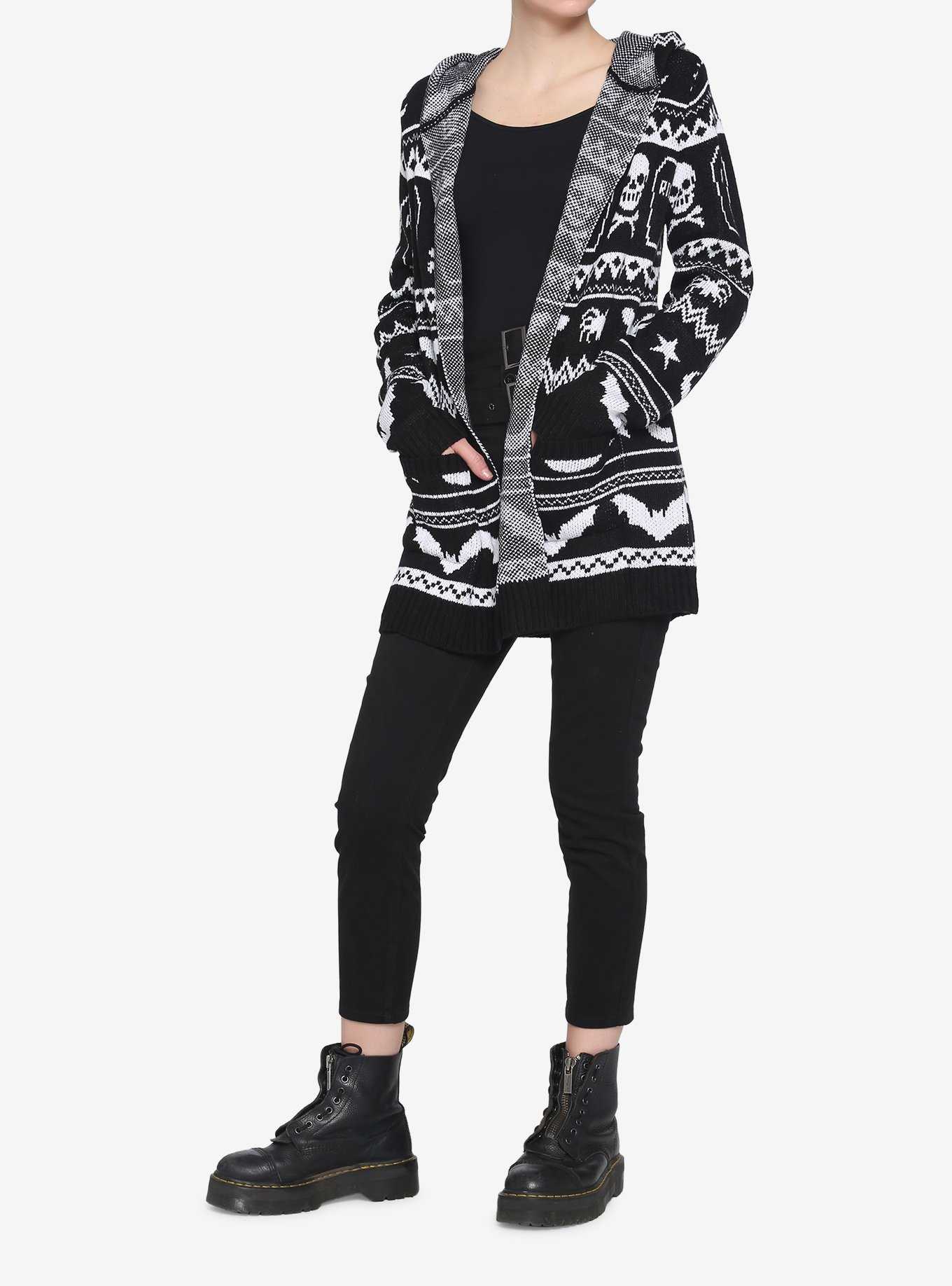 Black & White Dead Inside Creepy Icons Fair Isle Girls Cardigan, , hi-res