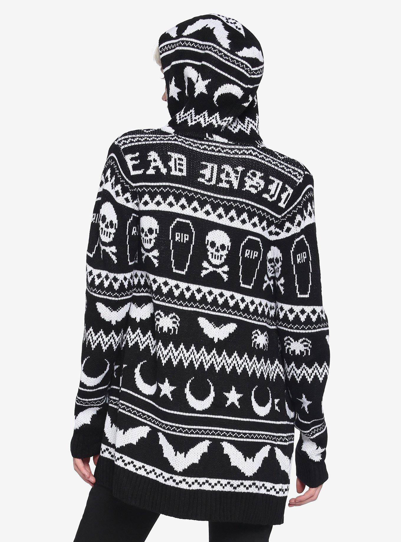 Black & White Dead Inside Creepy Icons Fair Isle Girls Cardigan, MULTI, alternate