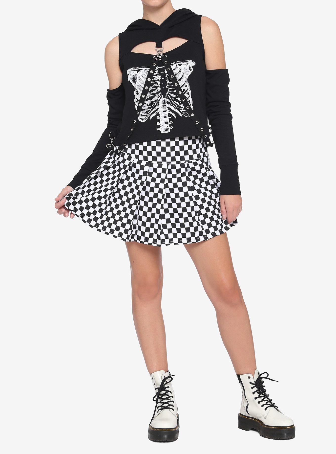 Skeleton Rib Cage Cutout Grommet Strap Girls Crop Hoodie, BLACK, alternate