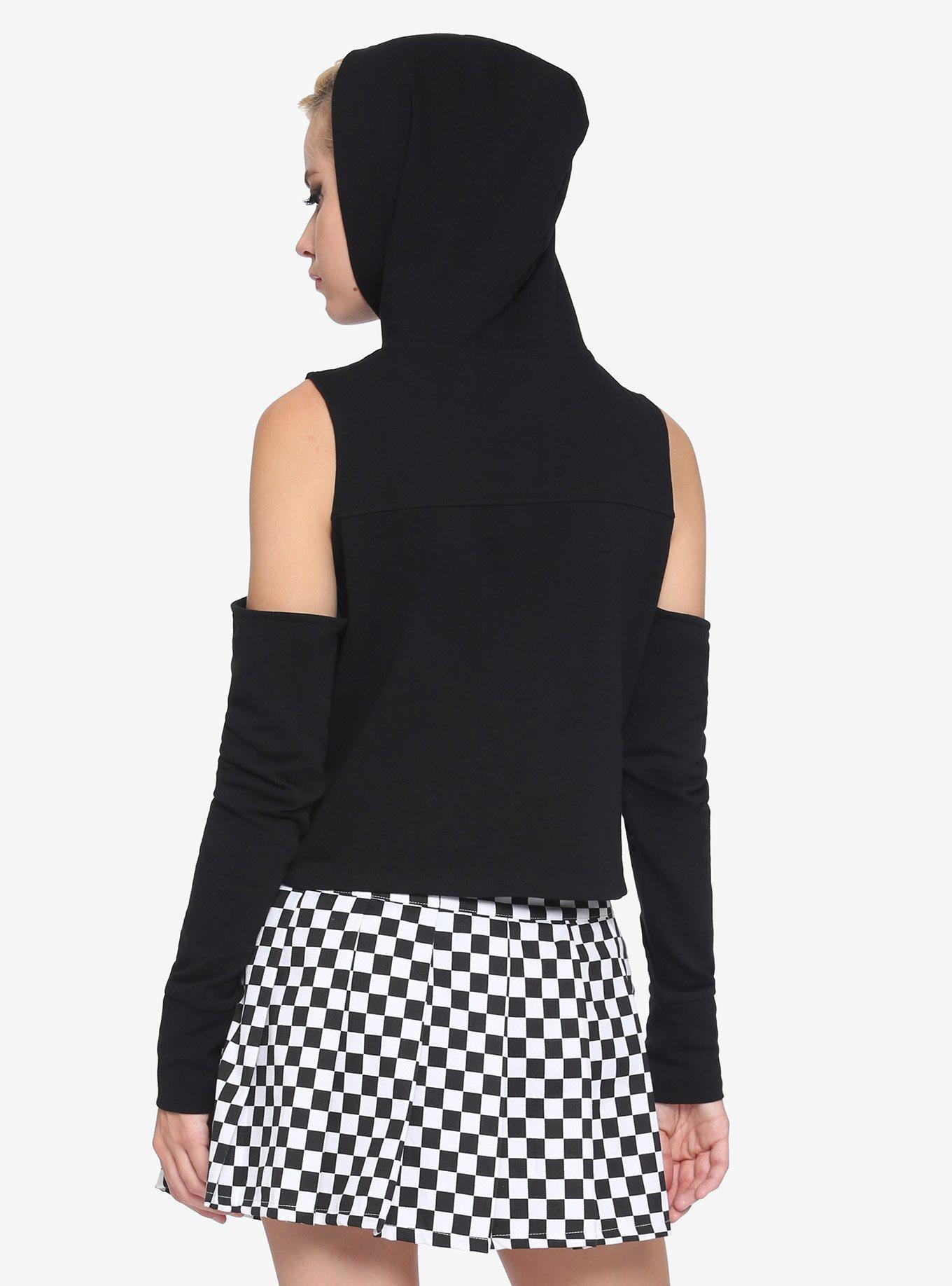 Skeleton Rib Cage Cutout Grommet Strap Girls Crop Hoodie, BLACK, alternate