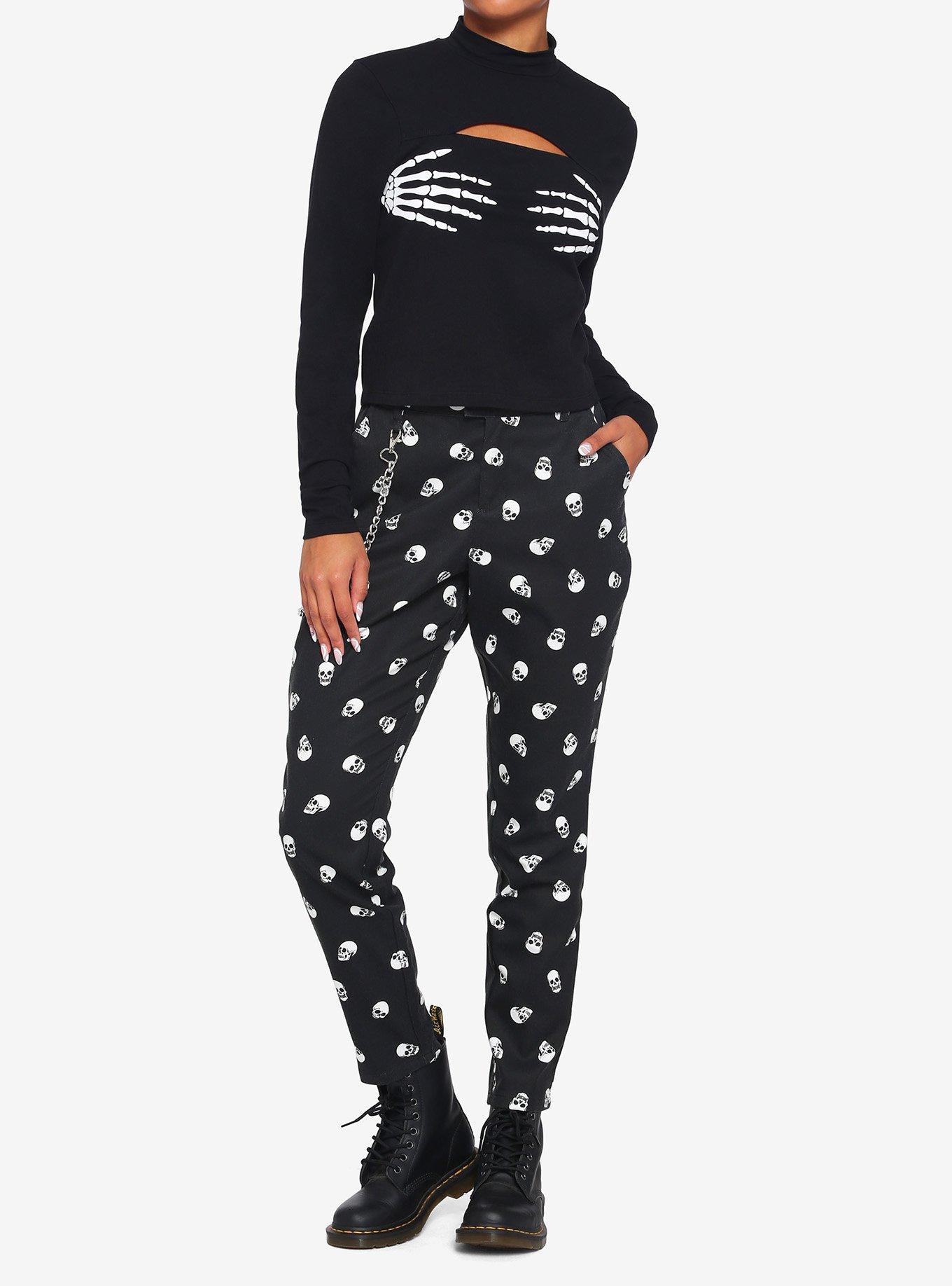 Skeleton Hands Cutout Mock Neck Girls Long-Sleeve Crop Top, BLACK, alternate