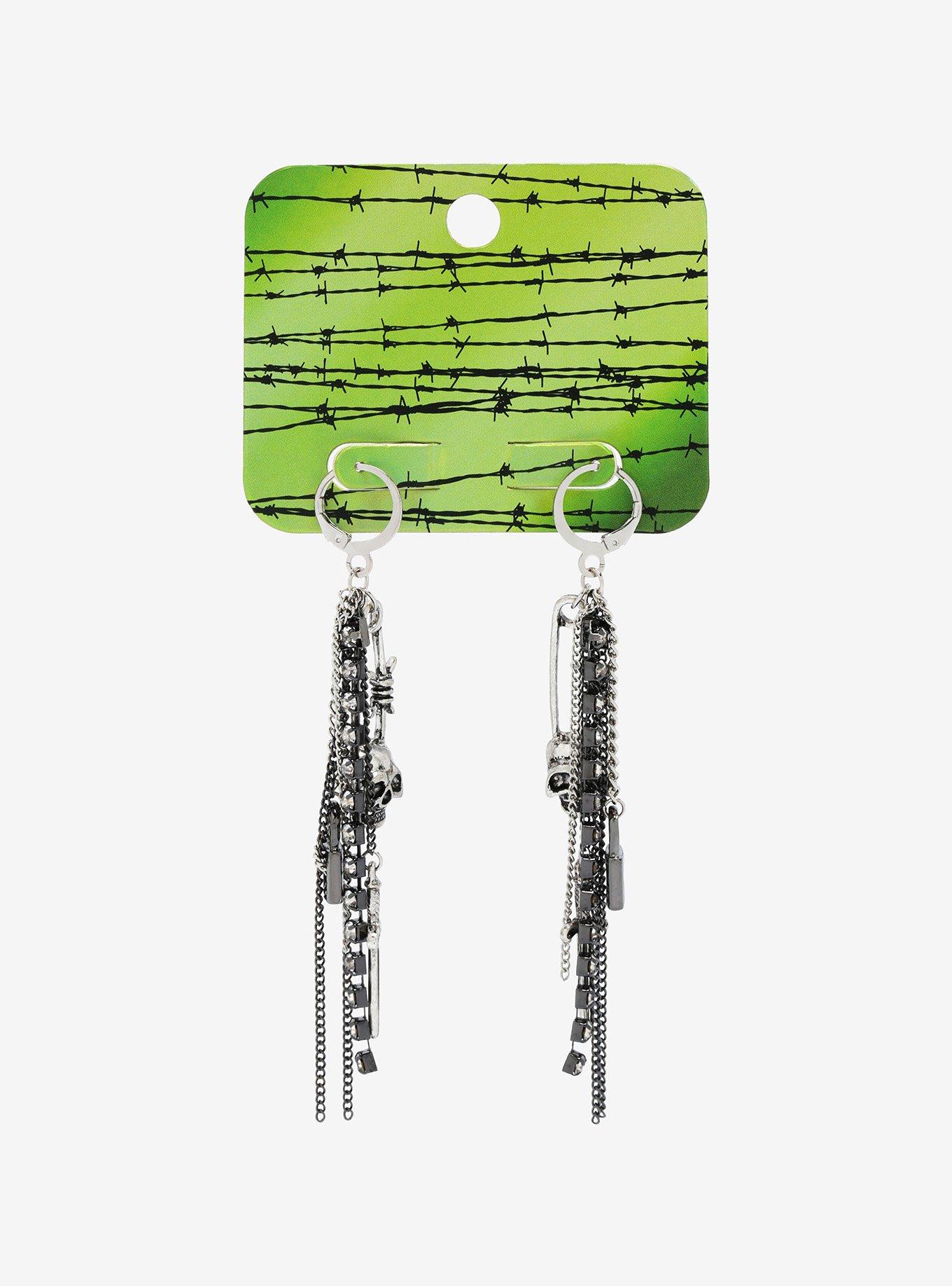 Multi Chain Skull Drop Earrings, , alternate