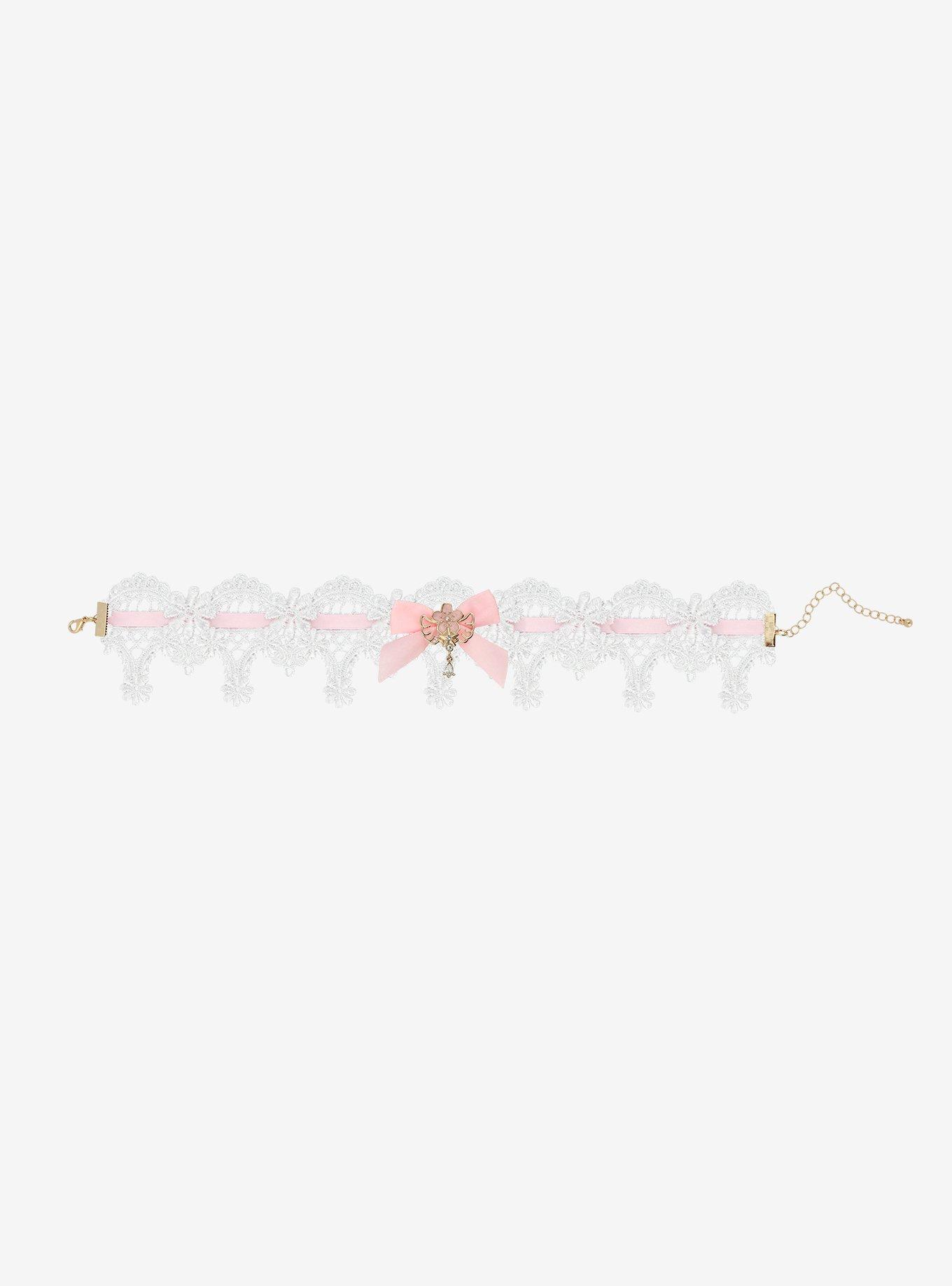 Embroidered White Sakura Flower Bow Choker, , alternate