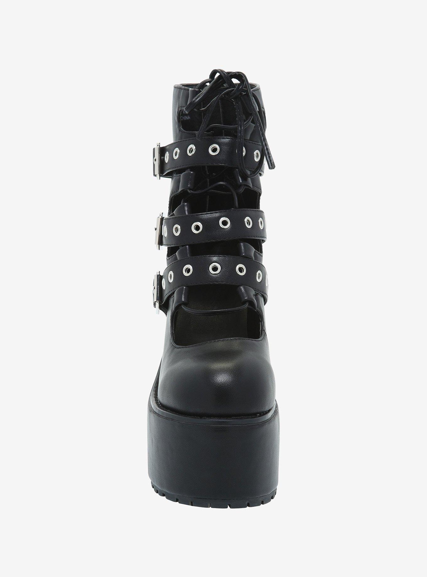 Black Triple Buckle Lace-Up Platform Boots, MULTI, alternate
