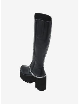 Black Chain Back Platform Knee-High Boots, , hi-res