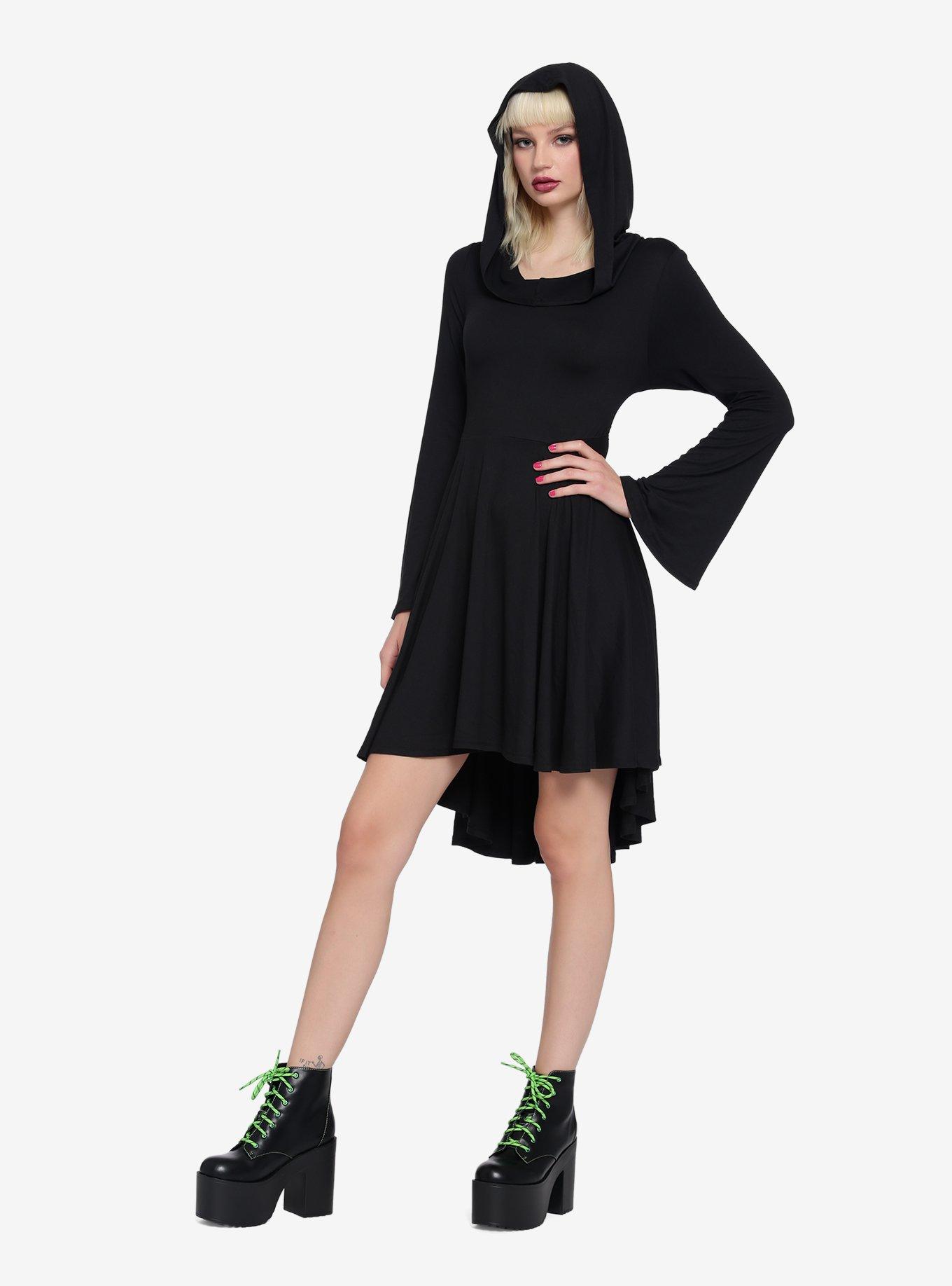 Black Hi-Low Hooded Dress, BLACK, alternate