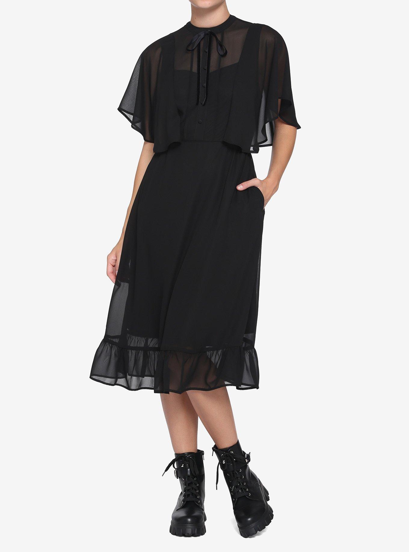 Black Sheer Capelet Midi Dress, BLACK, alternate