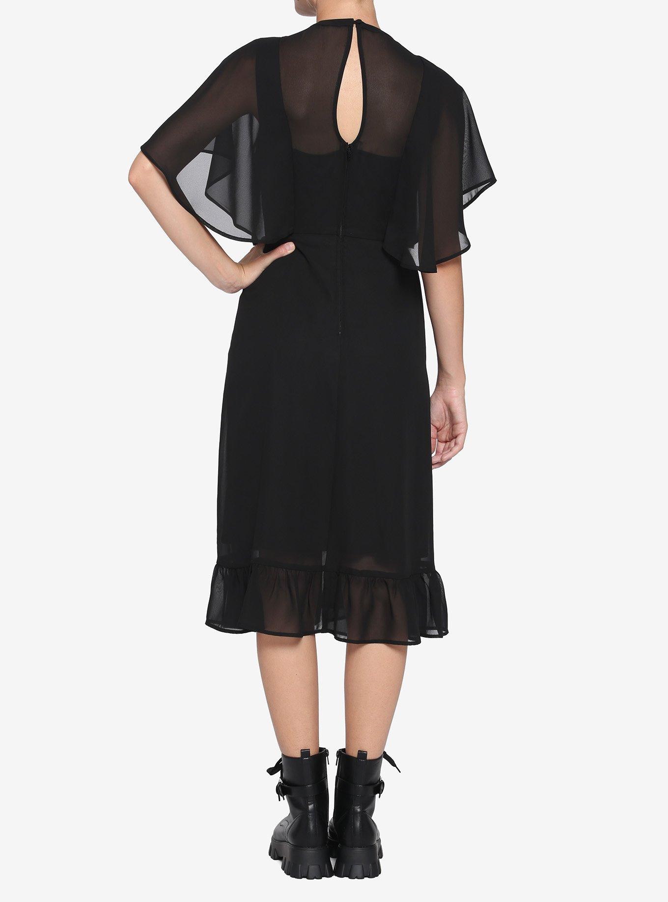 Black Sheer Capelet Midi Dress, BLACK, alternate