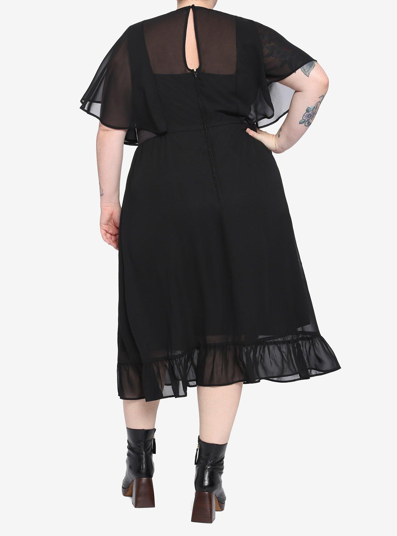 Black Sheer Capelet Midi Dress Plus Size, BLACK, alternate