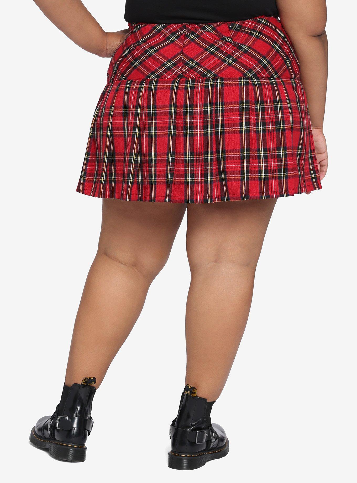 Tartan Yoke Pleated Skirt Plus Size, PLAID - RED, alternate