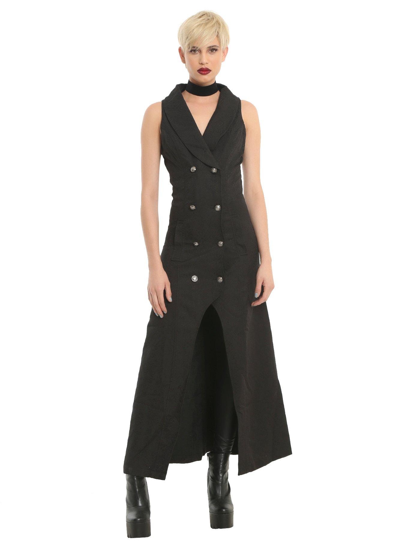 Black Brocade Hi-Low Hem Vest, BLACK, alternate