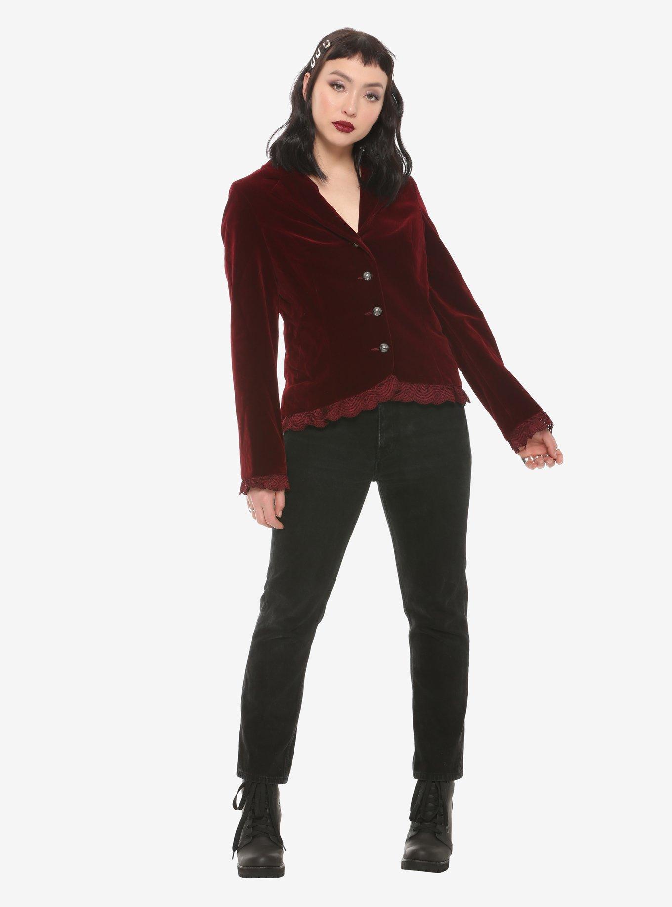 Burgundy Velvet Laced Button-Up Jacket, , hi-res
