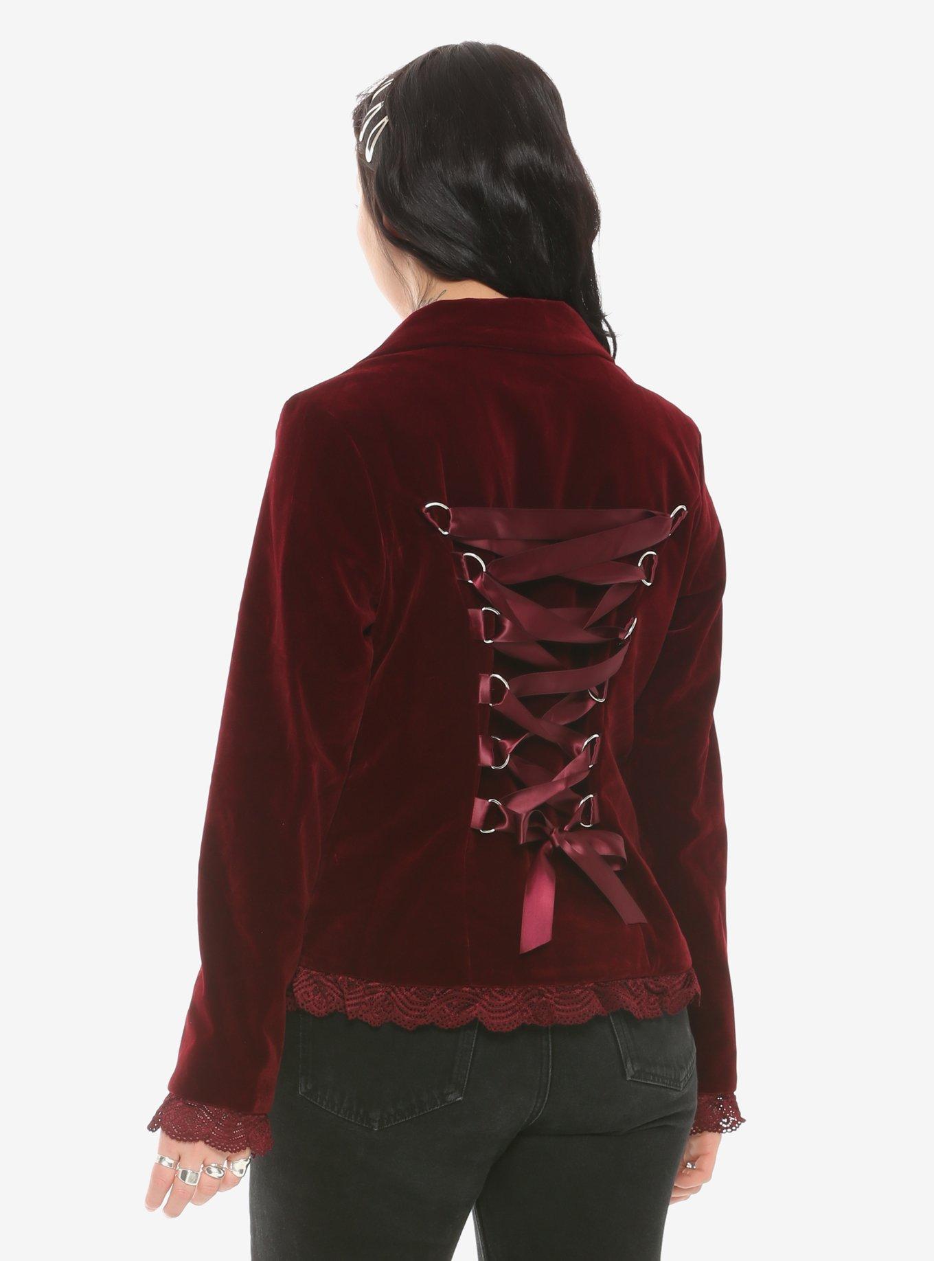 Burgundy Velvet Laced Button-Up Jacket, RED, alternate