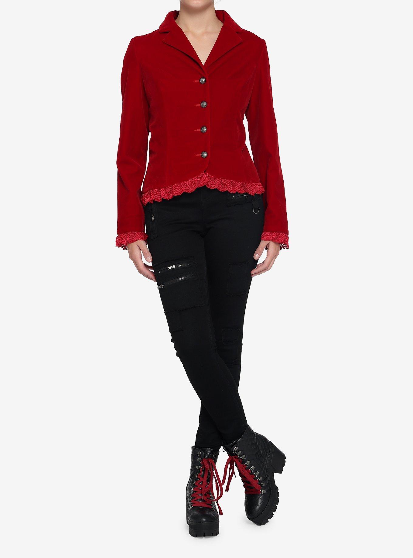 Red Velvet Laced Button-Up Jacket, RED, alternate