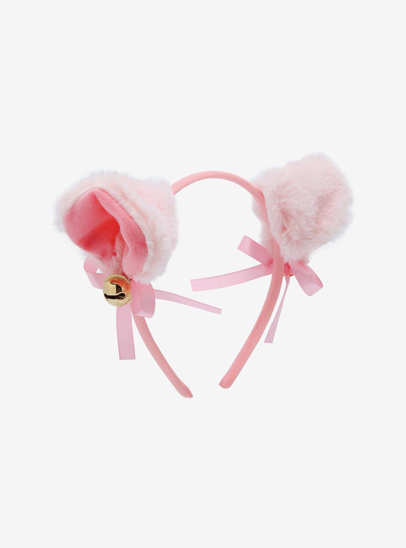 Pastel Pink Ribbon Bell Fuzzy Cat Ear Headband, , alternate