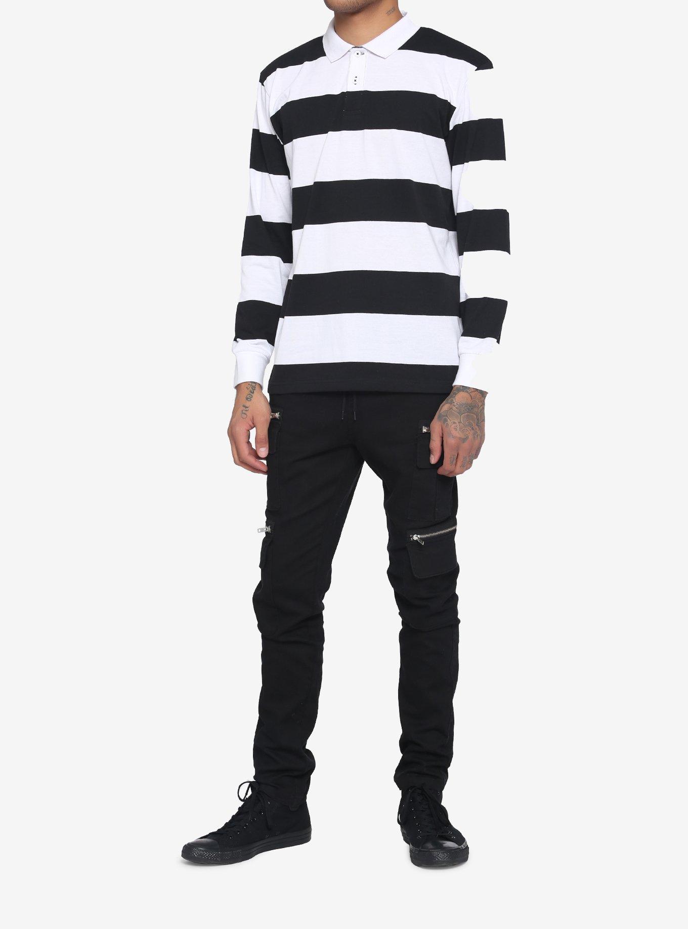 Black & White Wide Stripe Long-Sleeve Polo Shirt, STRIPE - WHITE, alternate