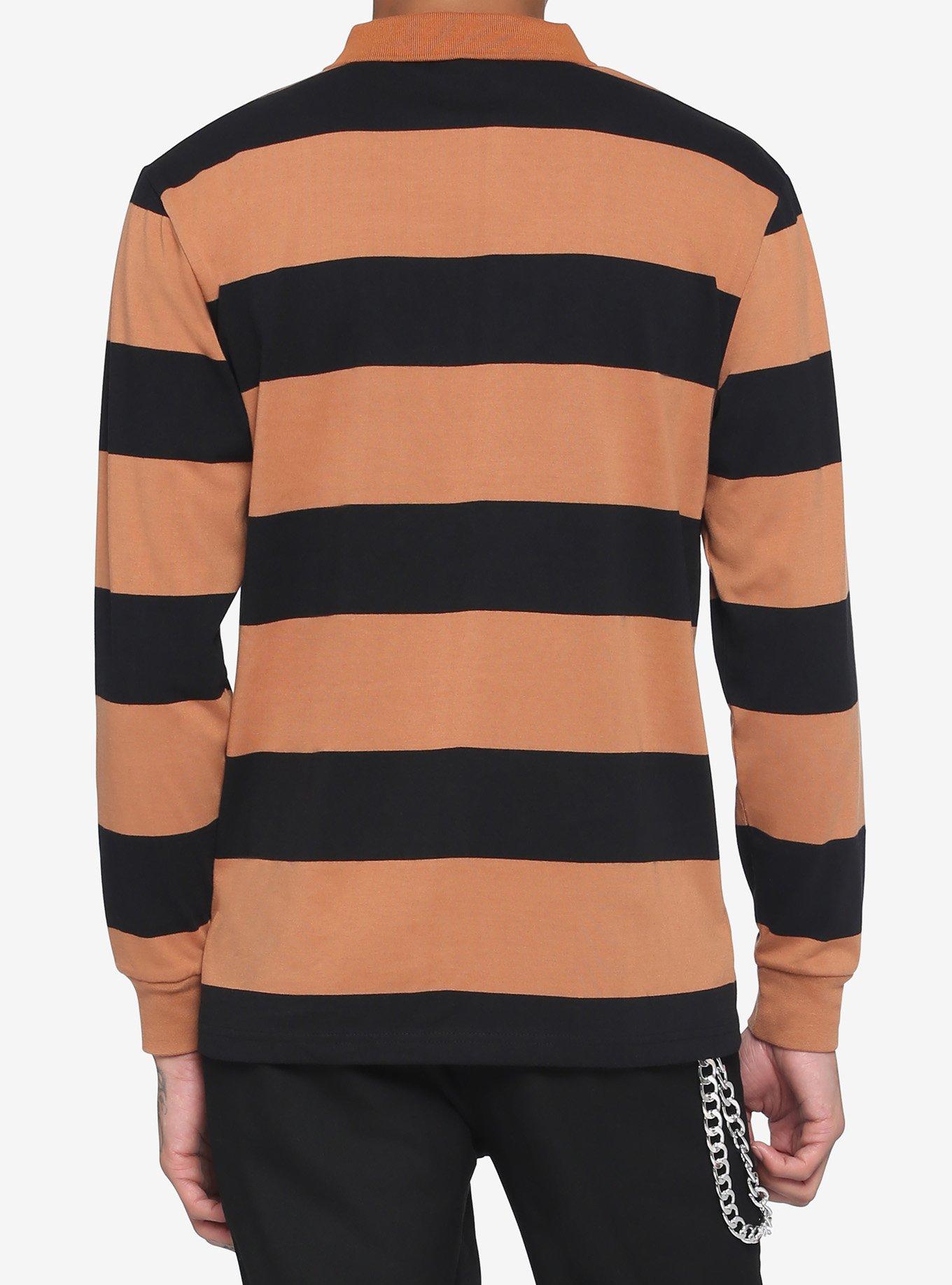 Black & Brown Wide Stripe Long-Sleeve Polo Shirt, STRIPE - TAN, alternate