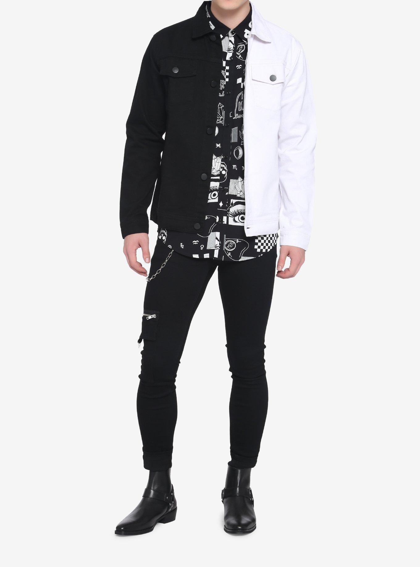 Black & White Split Denim Jacket, STRIPE - WHITE, alternate