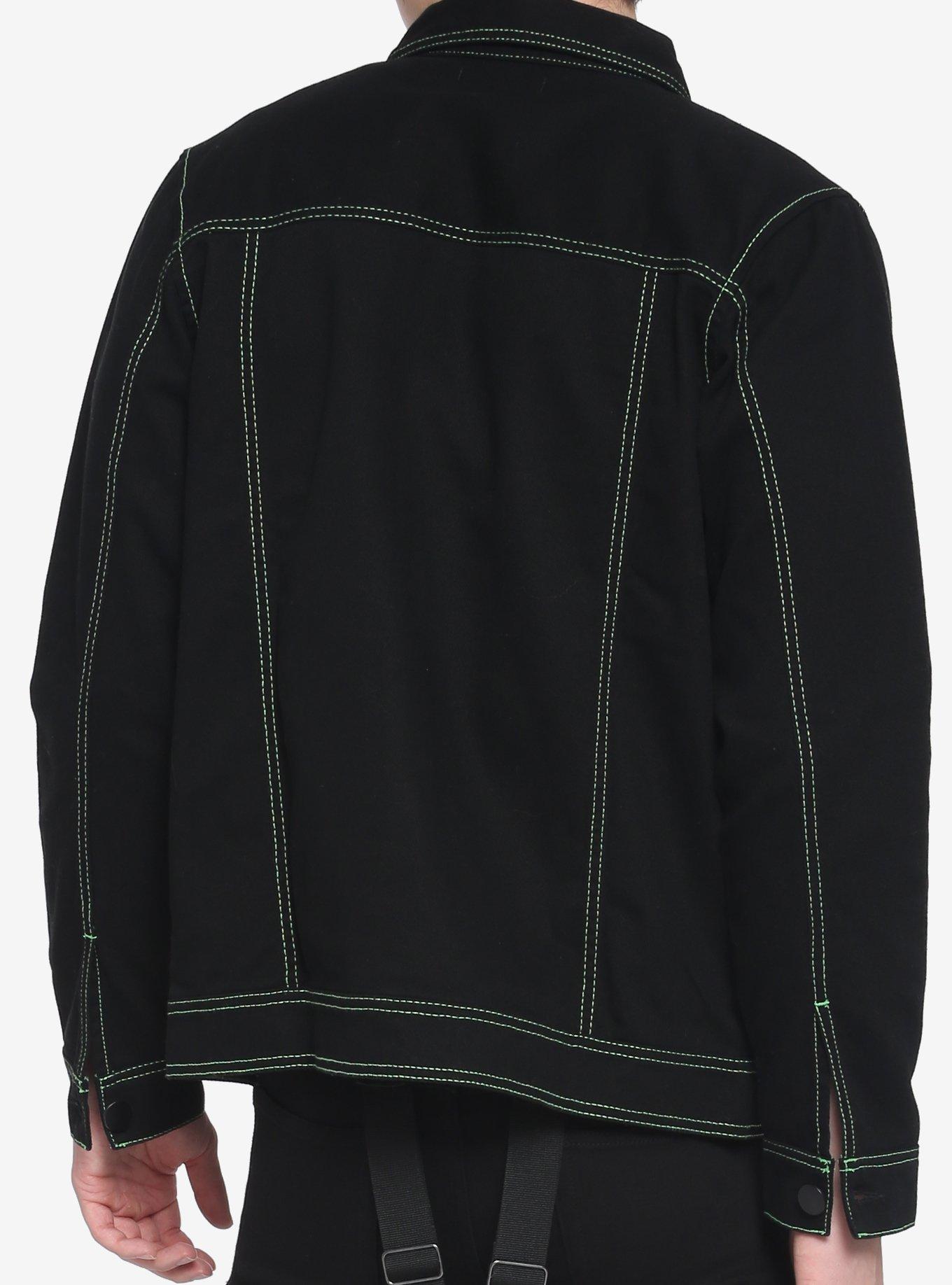 Neon Stitch Black Denim Jacket, BLACK  GREEN, alternate