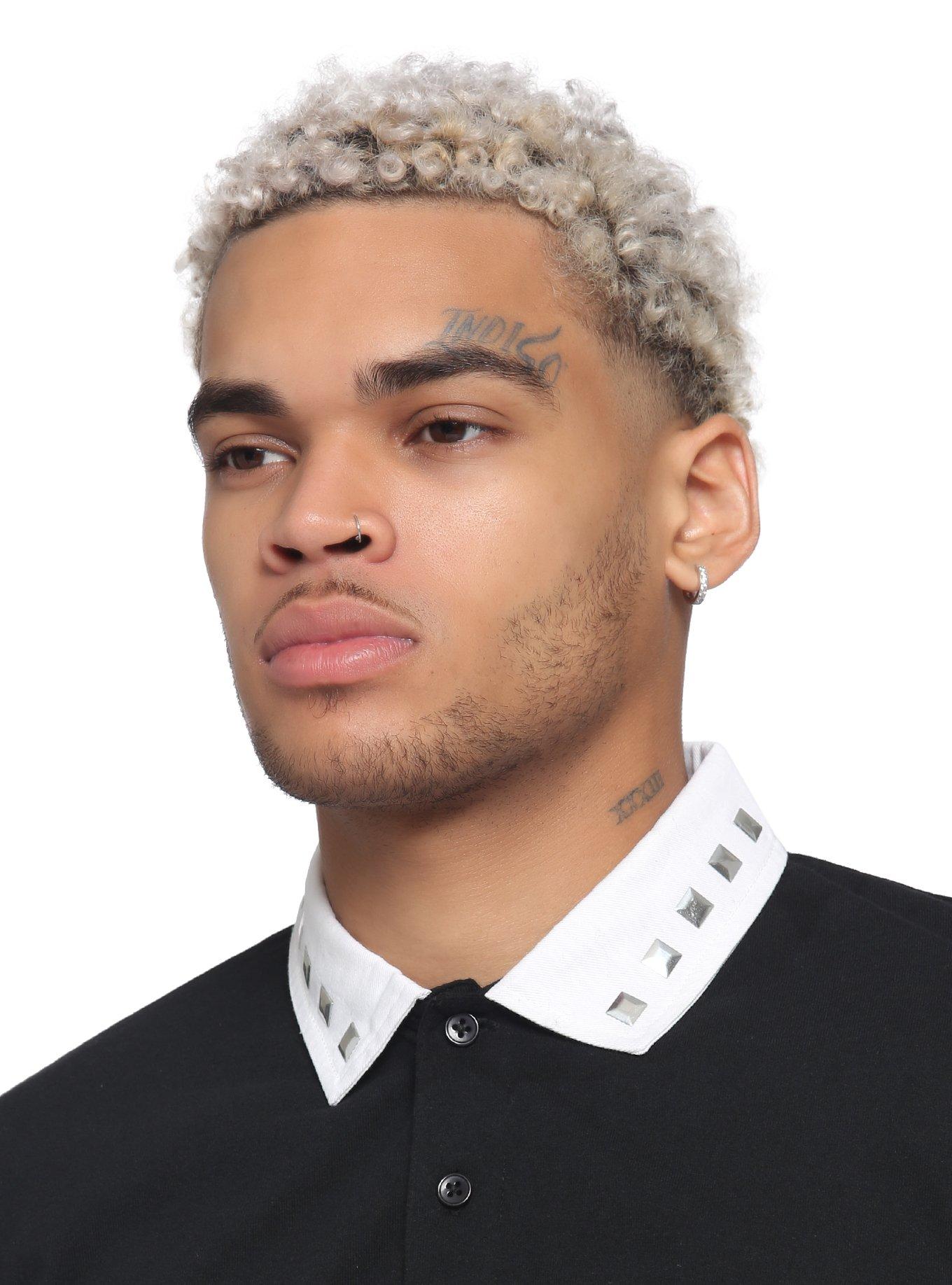 Black & White Studded Collar Twofer Long-Sleeve Shirt, BLACK  WHITE, alternate