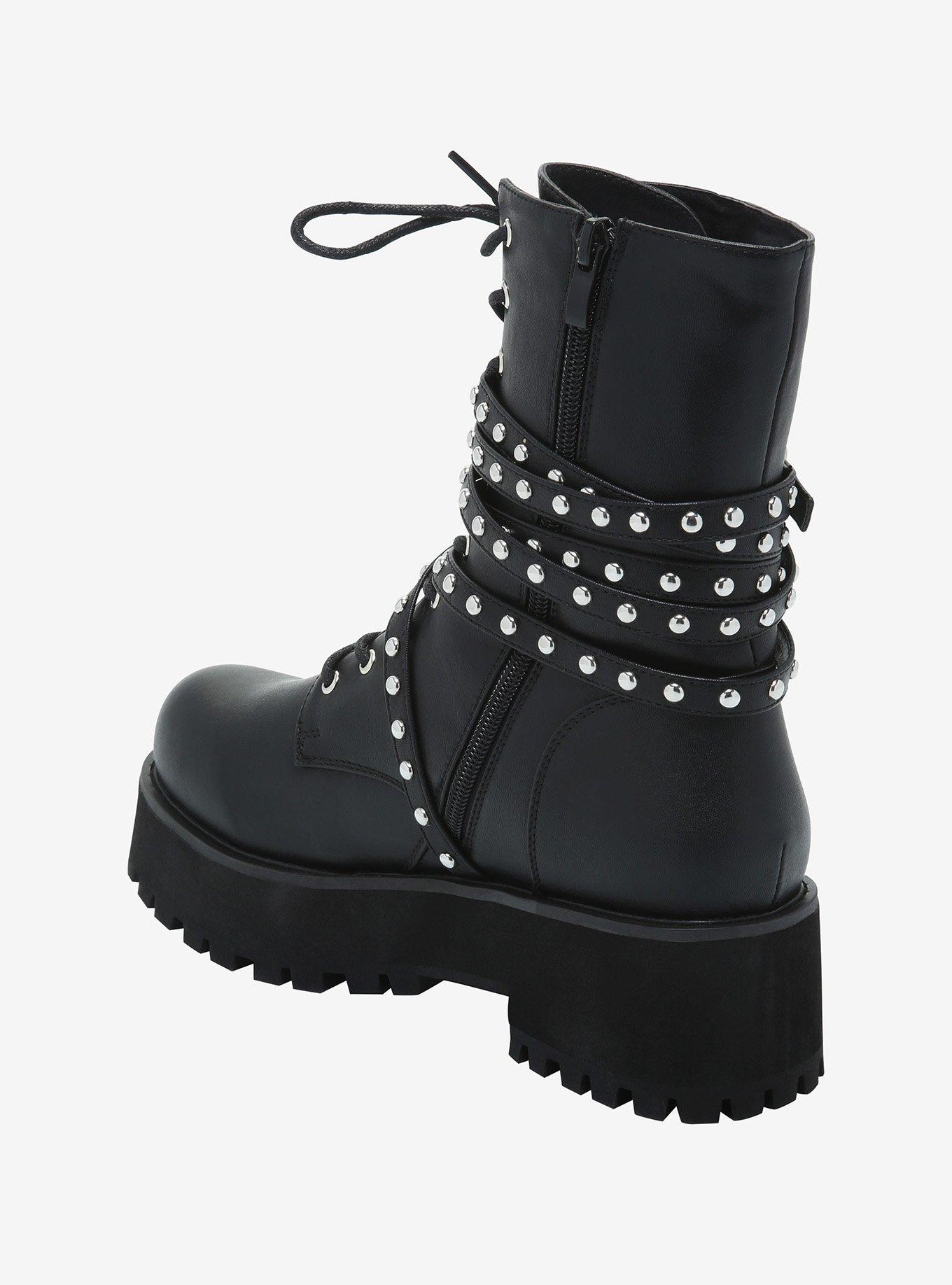 Studded & Wrapped Buckle Platform Combat Boots, MULTI, alternate