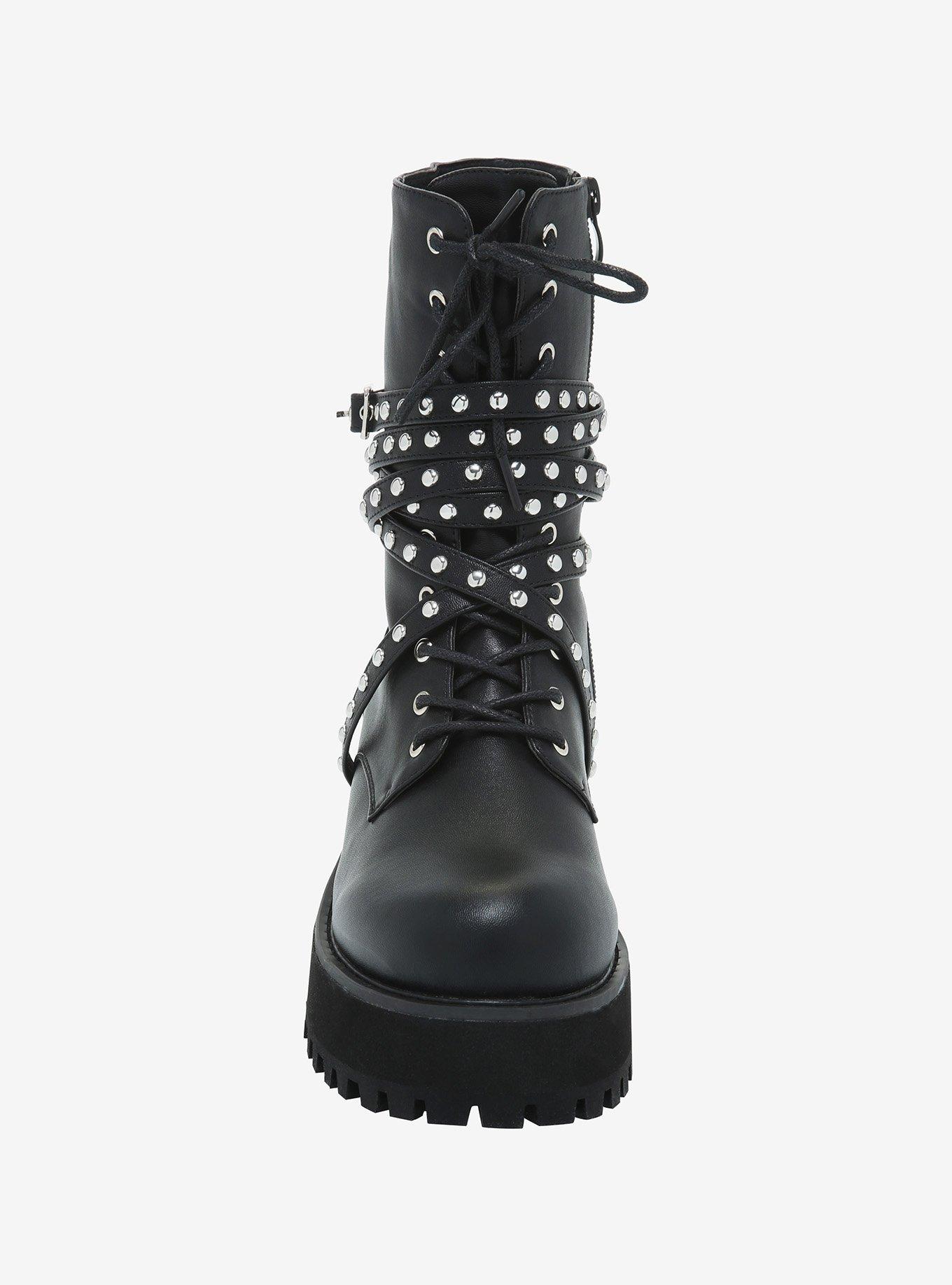 Studded & Wrapped Buckle Platform Combat Boots, MULTI, alternate