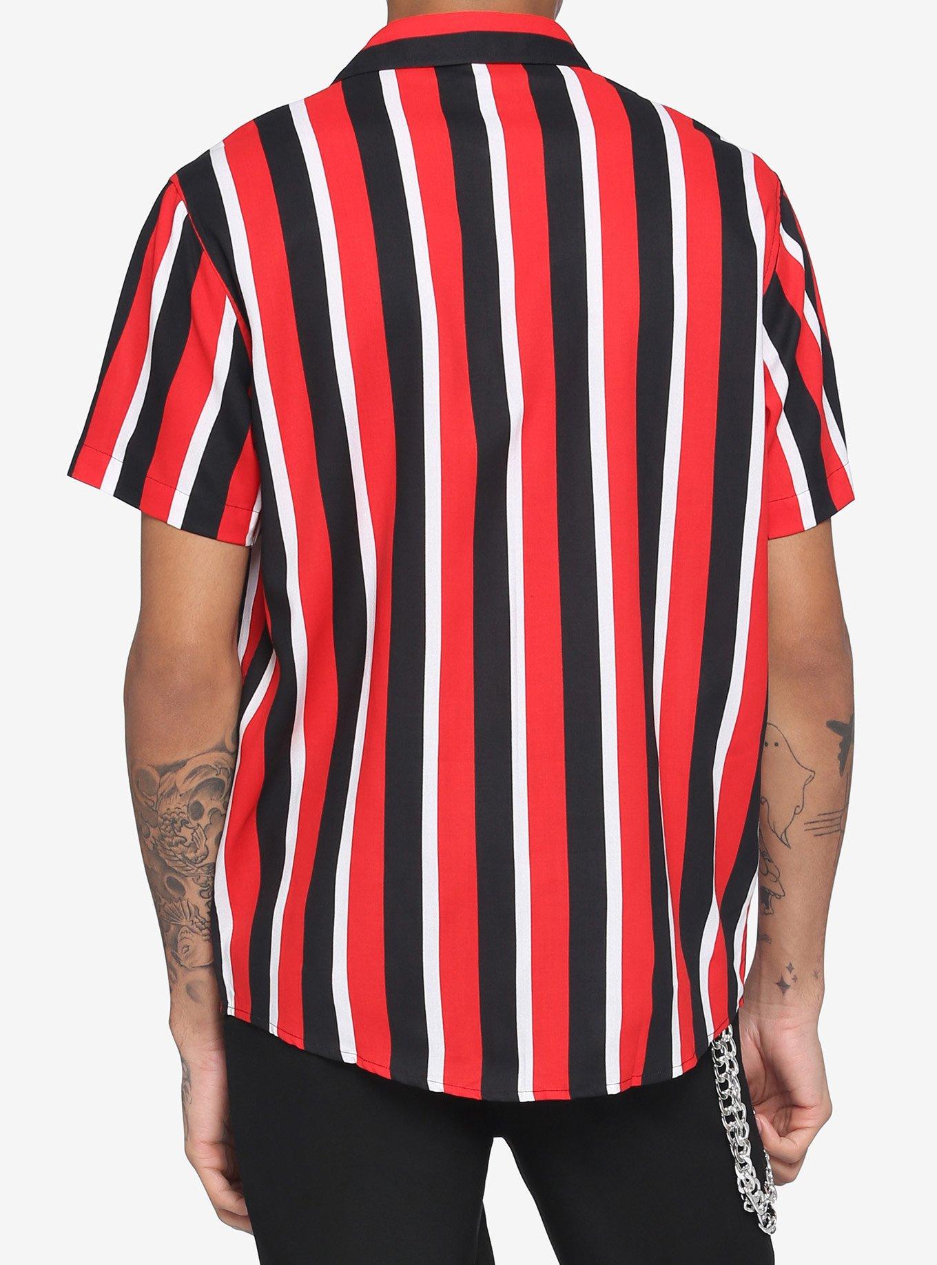 Red White & Black Vertical Stripe Woven Button-Up, STRIPE - RED, alternate