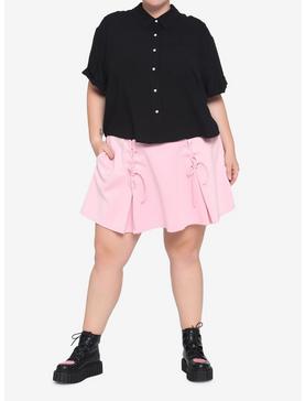 Black Boxy Heart Buttons Girls Crop Woven Button-Up Plus Size, , hi-res