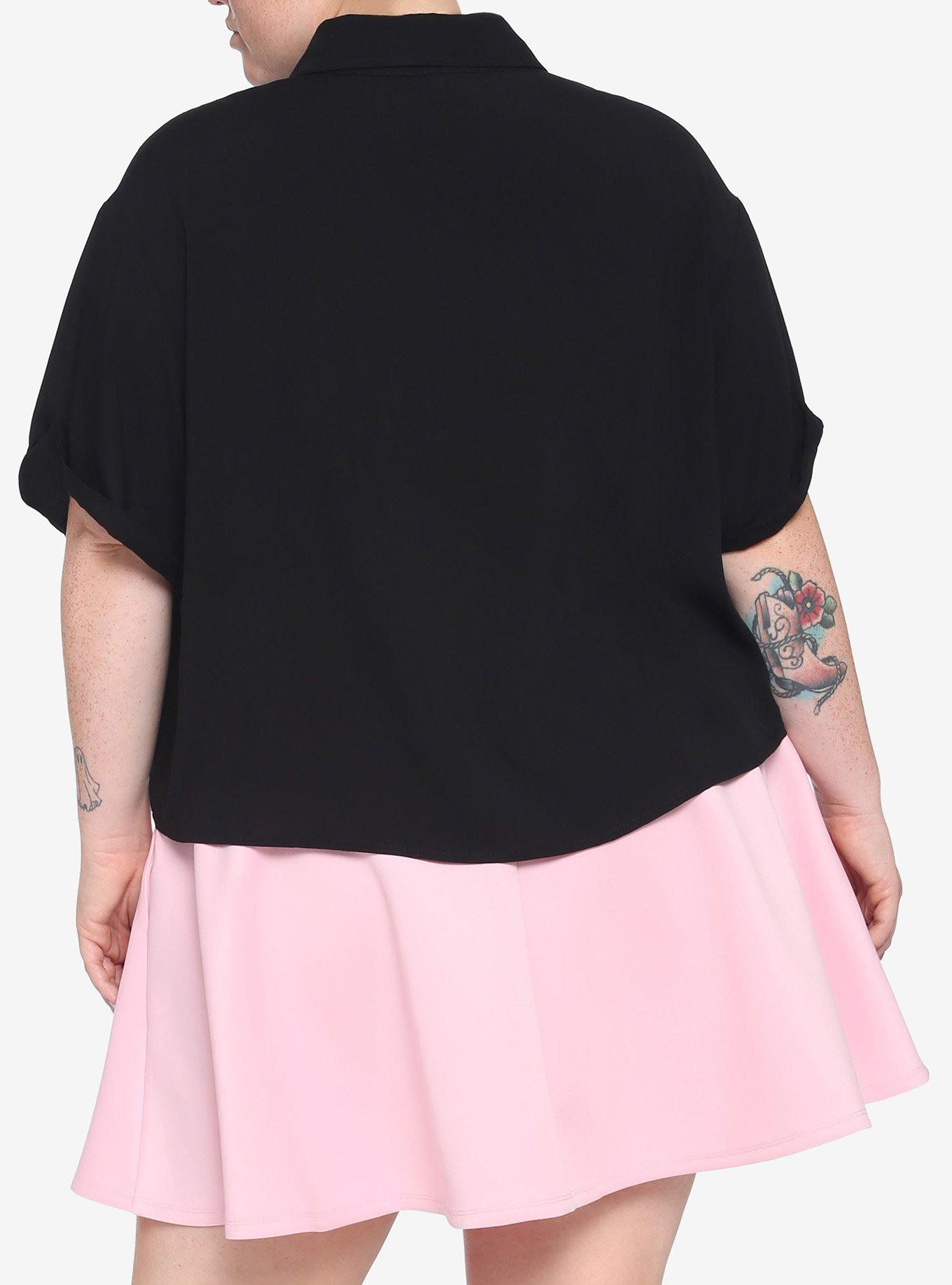 Black Boxy Heart Buttons Girls Crop Woven Button-Up Plus Size, , alternate