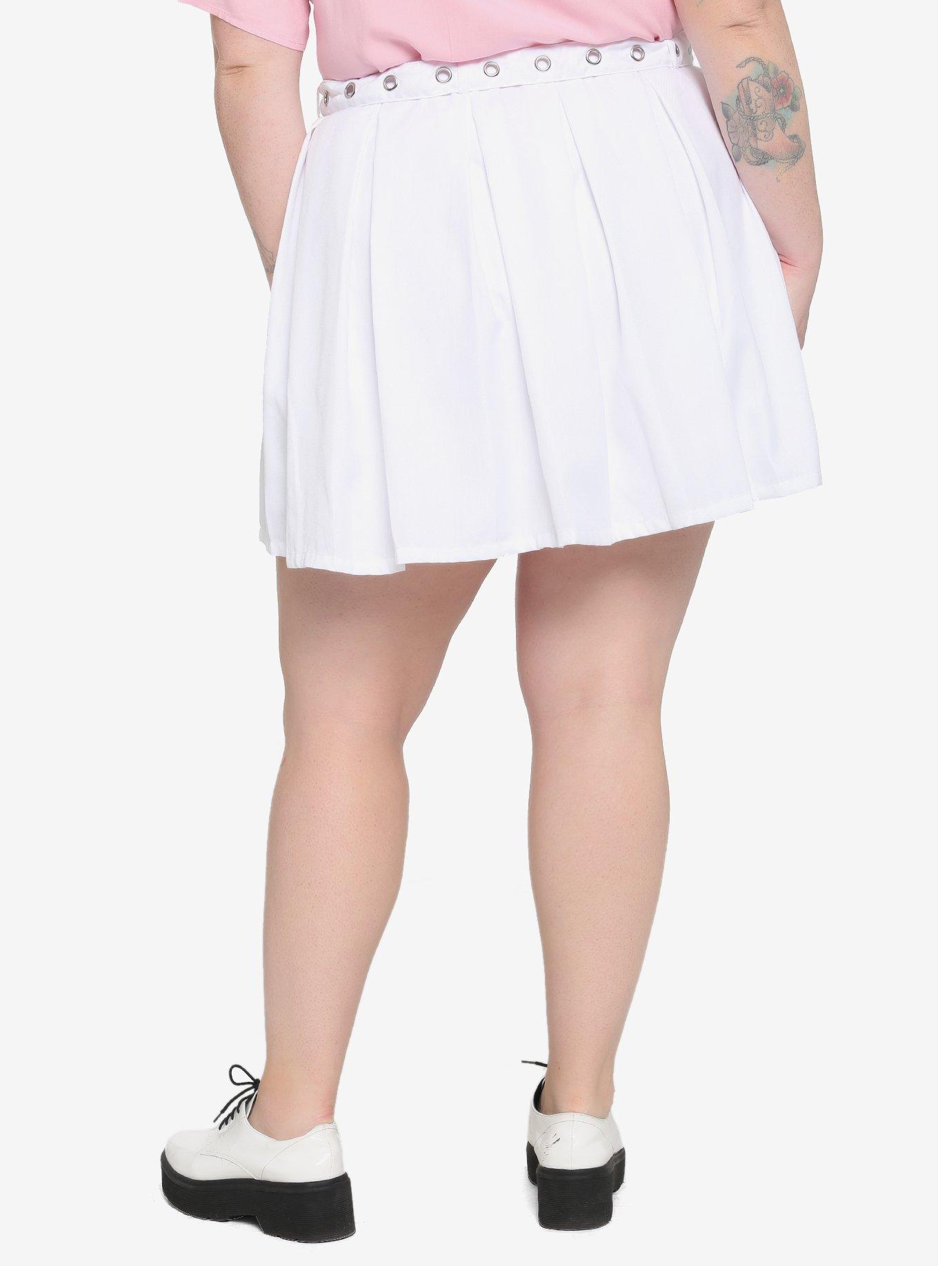 White Grommet Belt Pleated Skirt Plus Size, BRIGHT WHITE, alternate