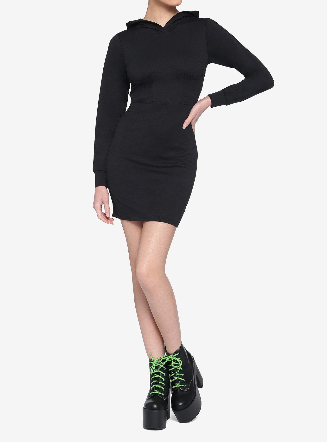 Black Corset Hoodie Long-Sleeve Dress, BLACK, alternate