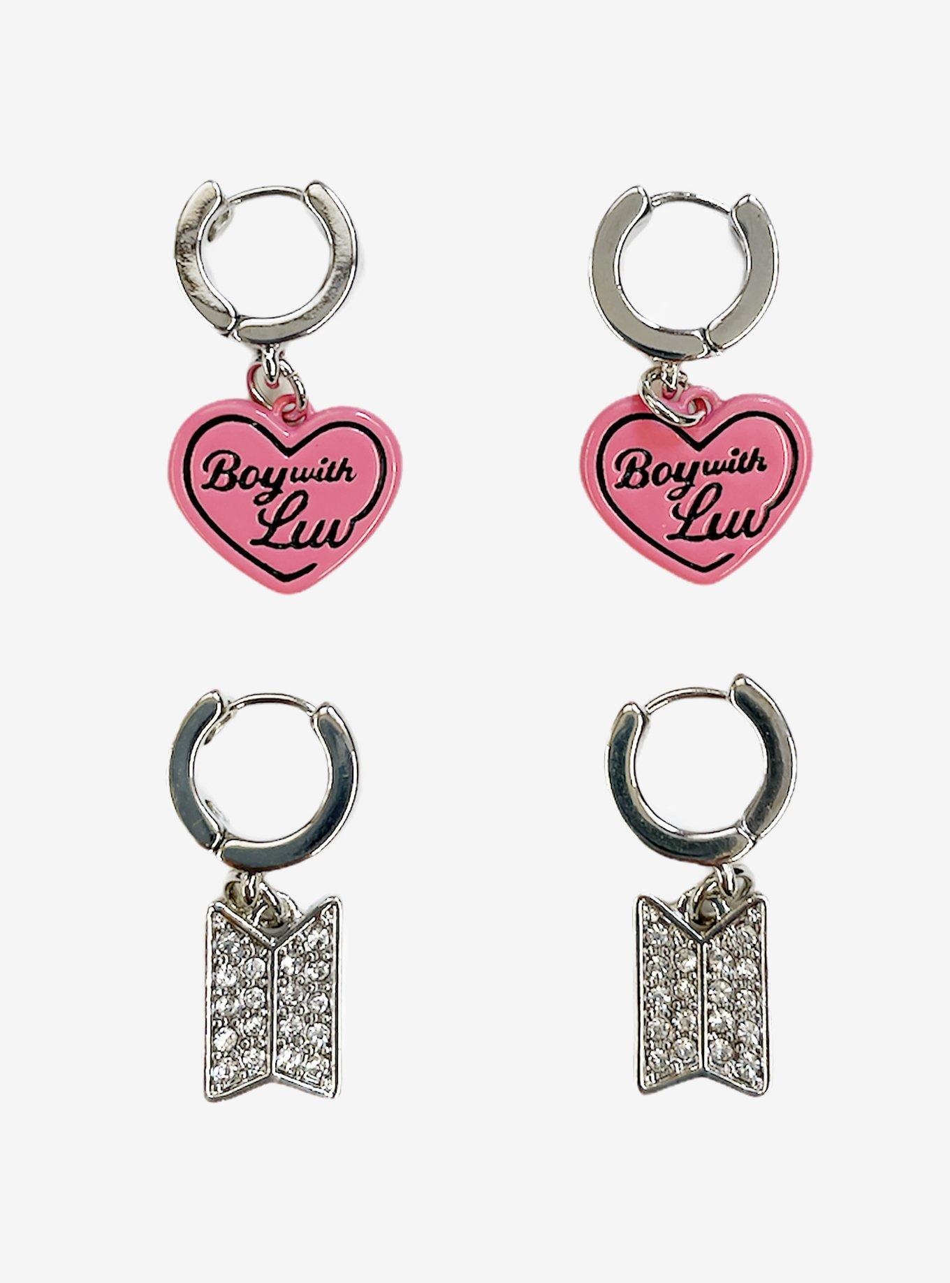 BTS Boy With Luv Bling Logo Heart Huggies Earrings Set, , alternate