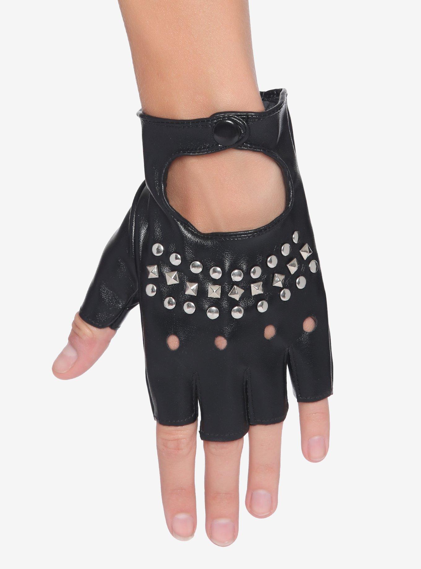 Studded Black Fingerless Gloves, , alternate