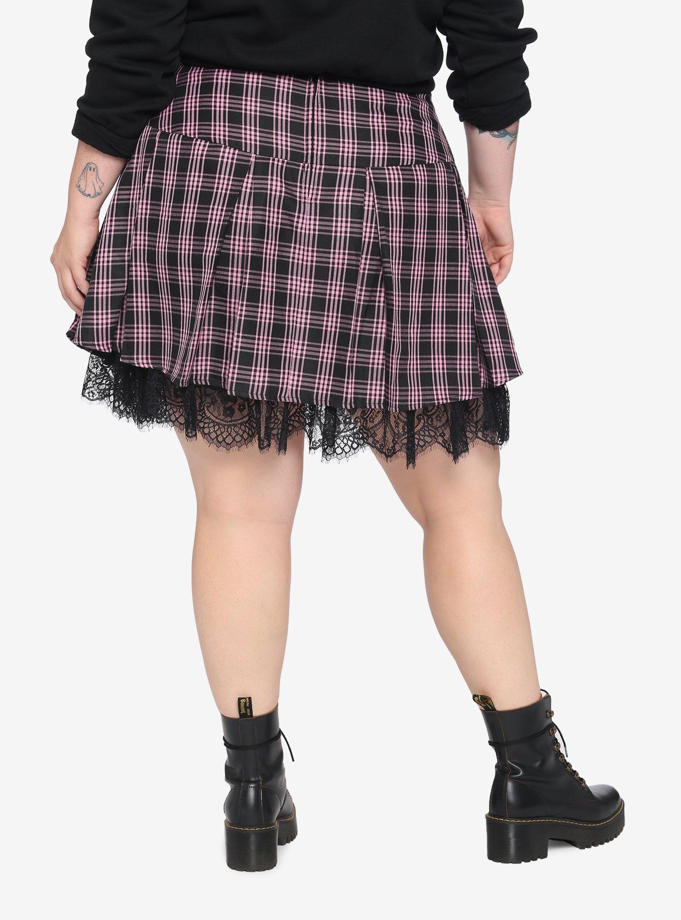 Pink & Black Plaid Lace Trim Pleated Skirt Plus Size, PLAID - PINK, alternate