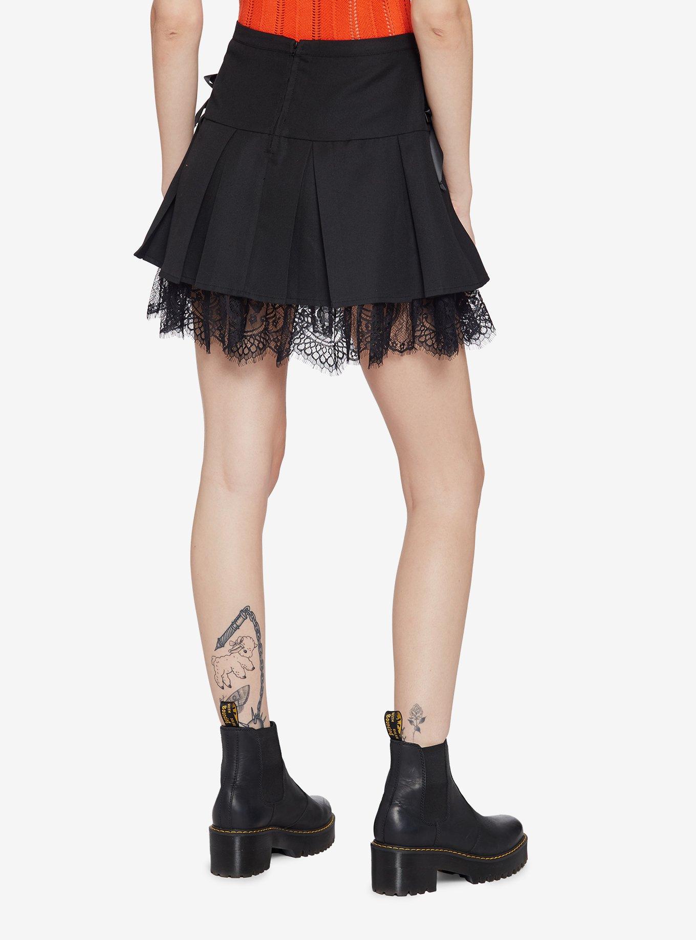 Black Lace Trim Pleated Skirt, BLACK, alternate
