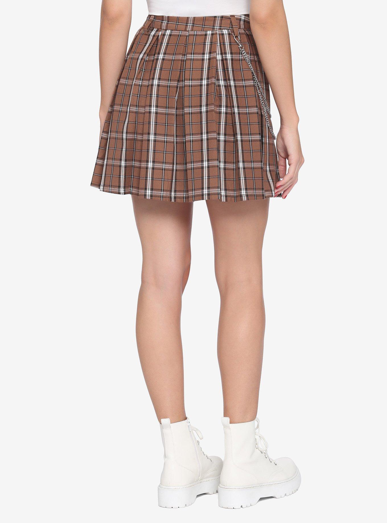 Brown Plaid Pleated Skirt, PLAID - BROWN, alternate