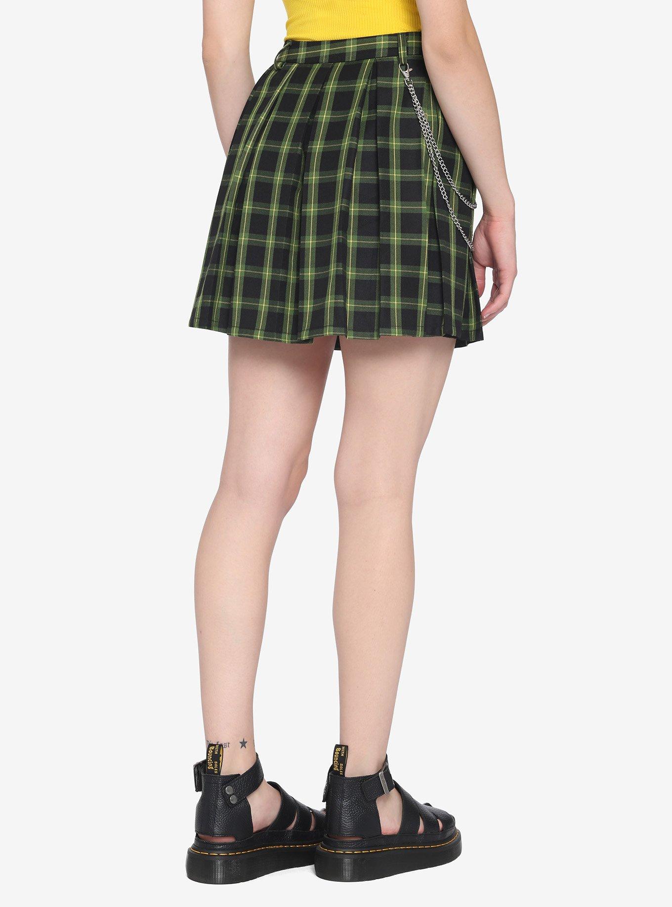 Green & Yellow Plaid Pleated Chain Skirt, PLAID - GREEN, alternate