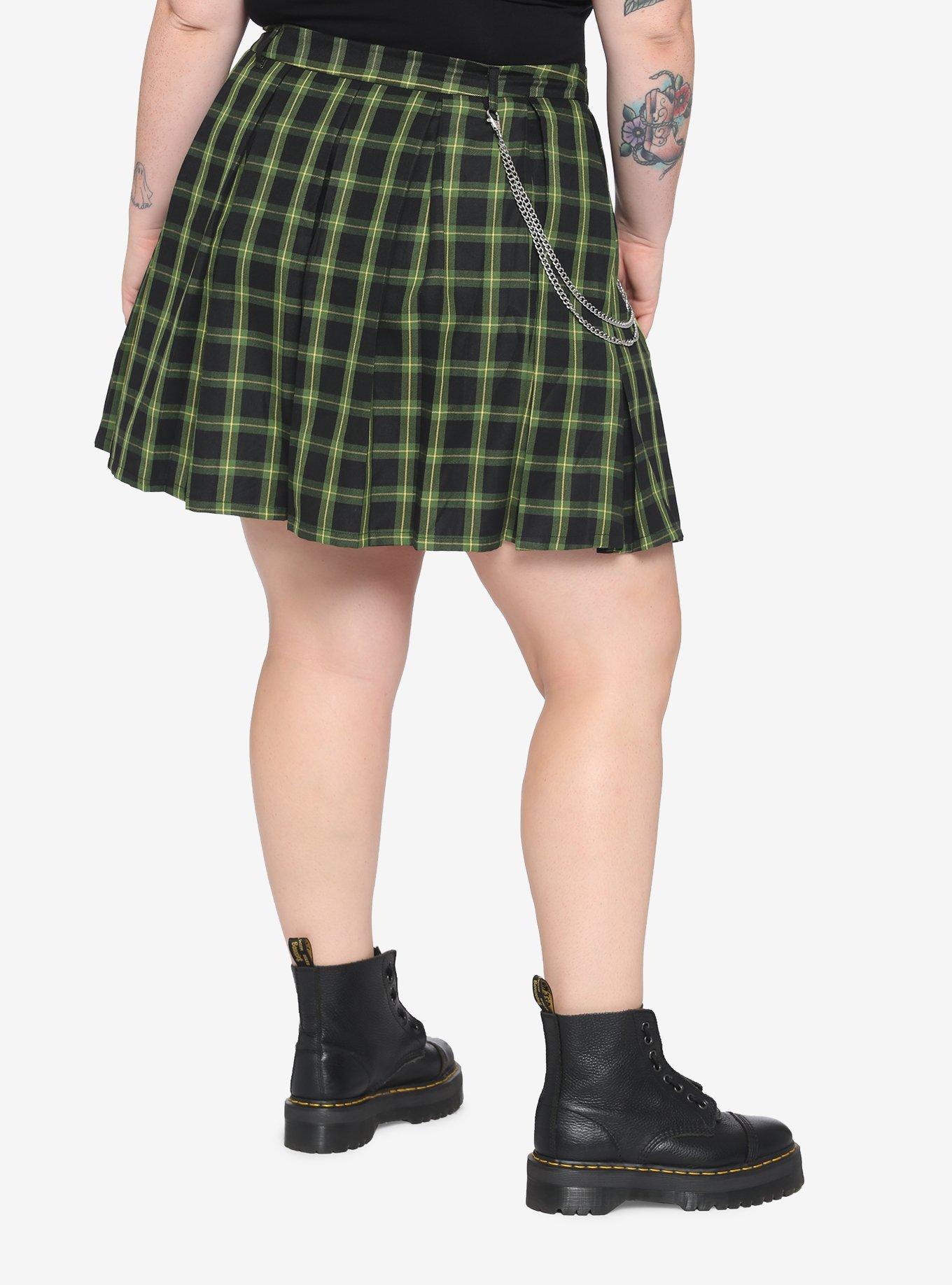 Green & Yellow Plaid Pleated Chain Skirt Plus Size, PLAID - GREEN, alternate