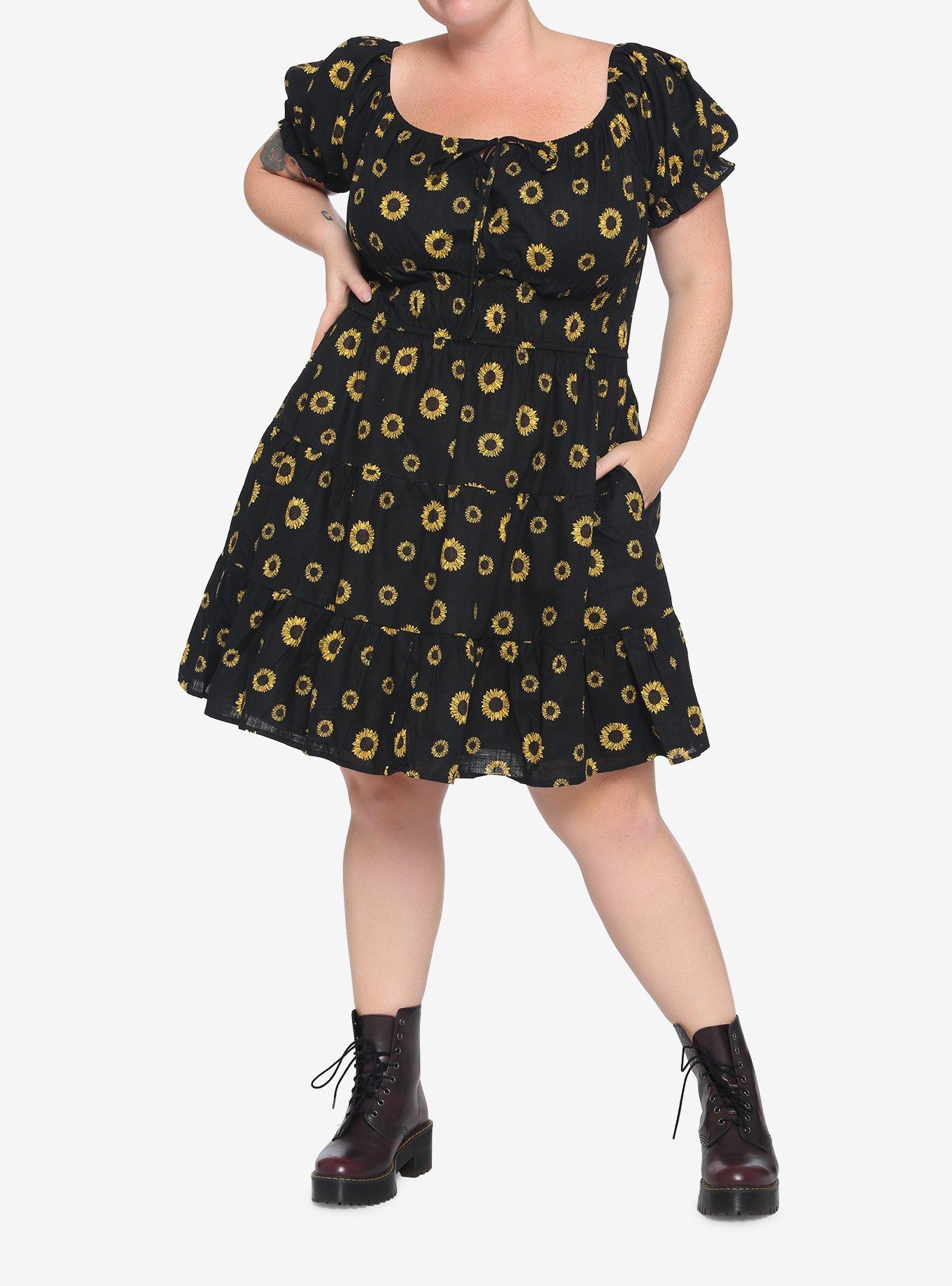 Sunflower Tiered Smocked Dress Plus Size, BLACK, alternate