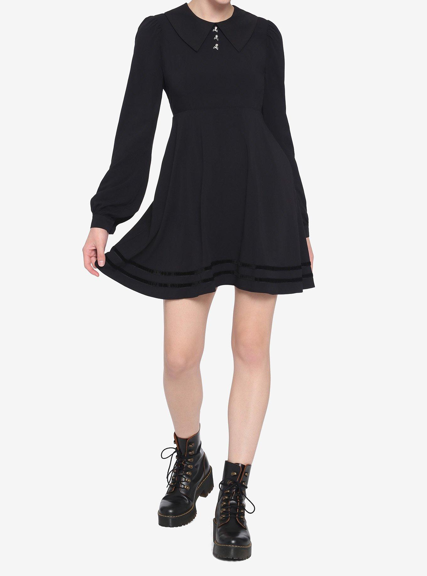 Black Statement Collar Skull Button Dress, BLACK, alternate