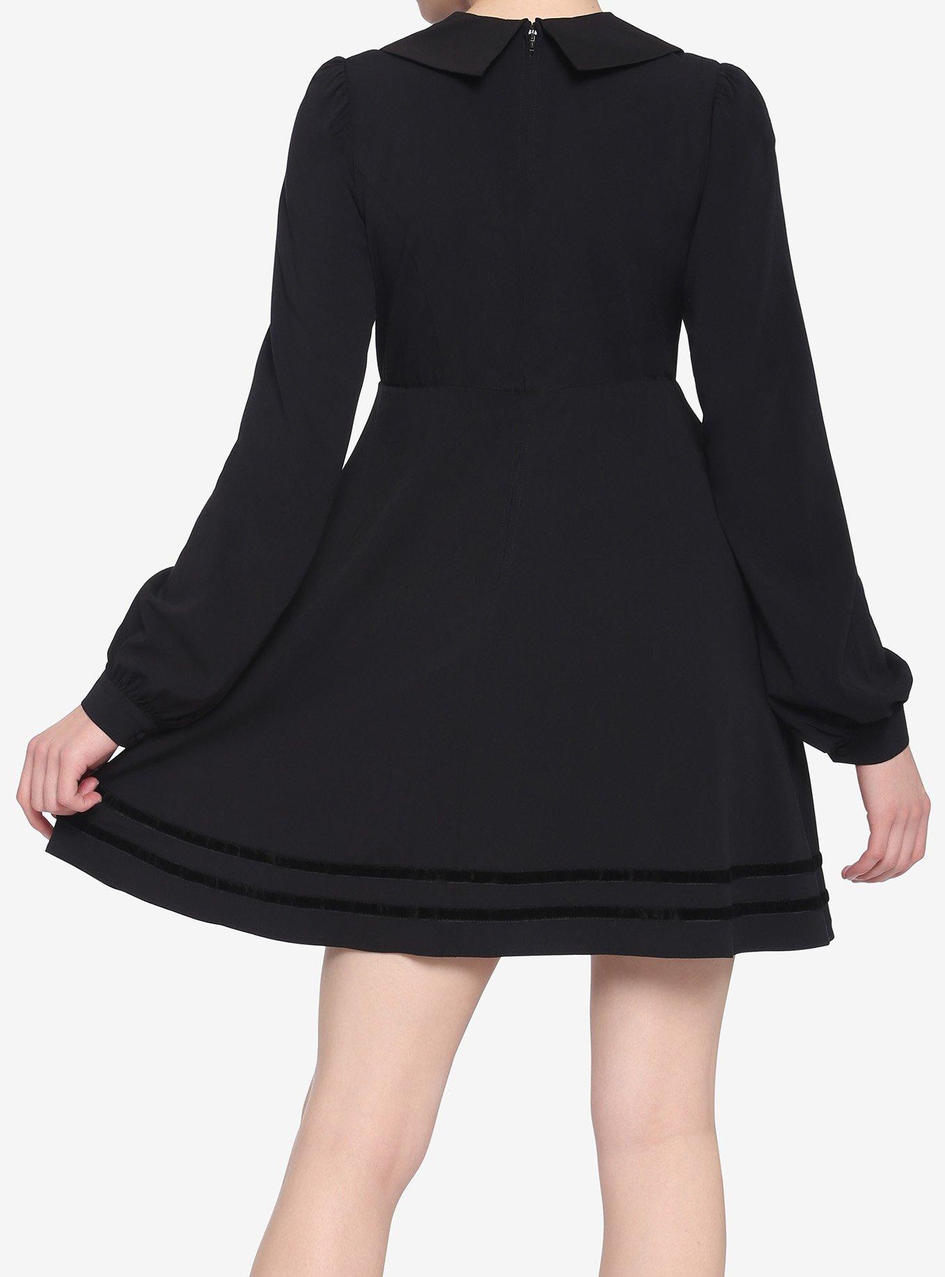Black Statement Collar Skull Button Dress, BLACK, alternate
