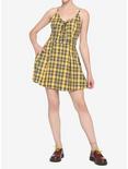 Yellow Plaid Lace-Up Pleated Dress, PLAID - YELLOW, alternate