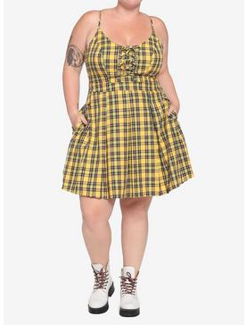 Yellow Plaid Lace-Up Pleated Dress Plus Size, , hi-res
