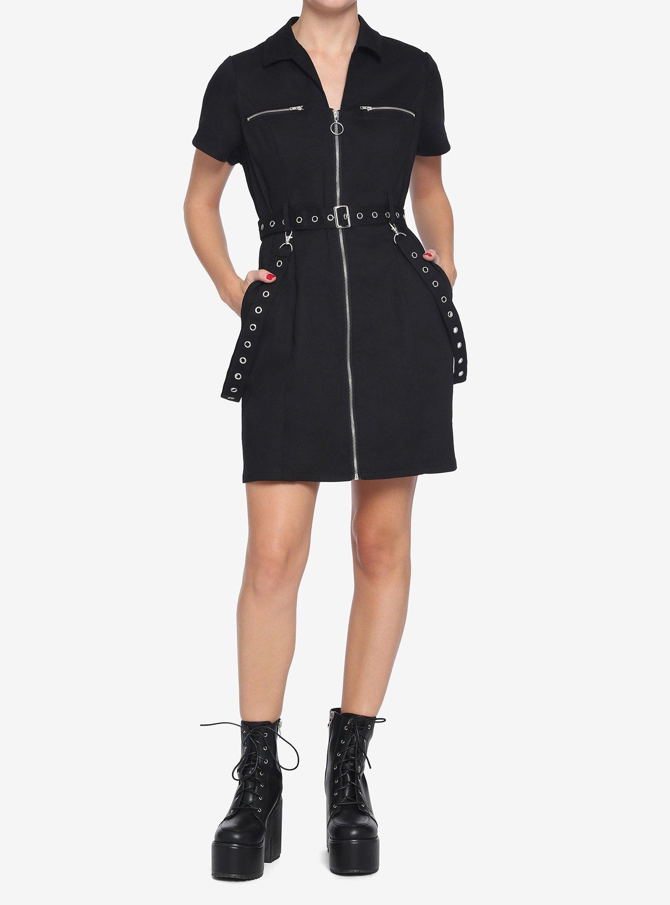 Black Front Zipper Hardware Grommet Dress, BLACK, alternate