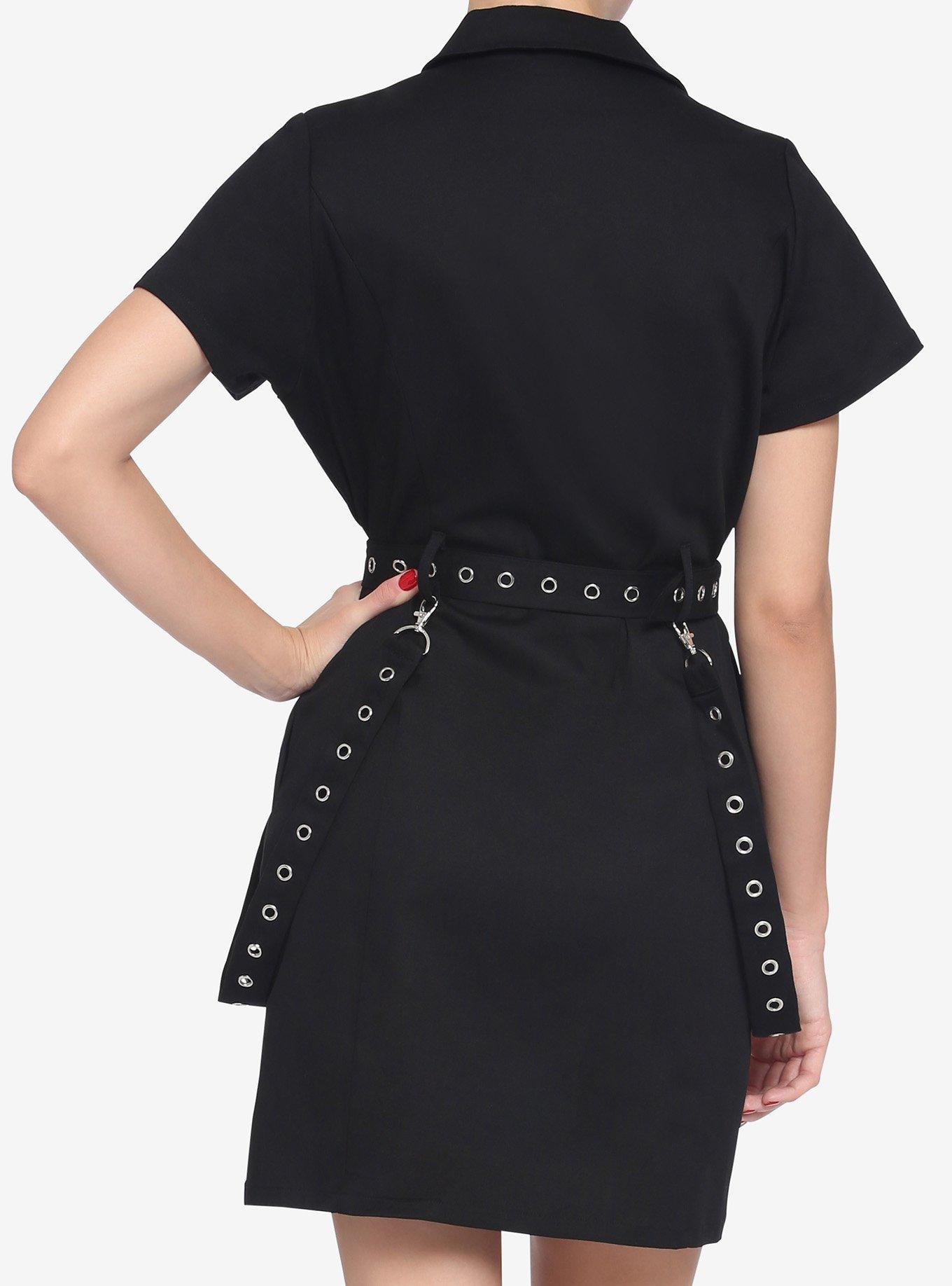 Black Front Zipper Hardware Grommet Dress, BLACK, alternate